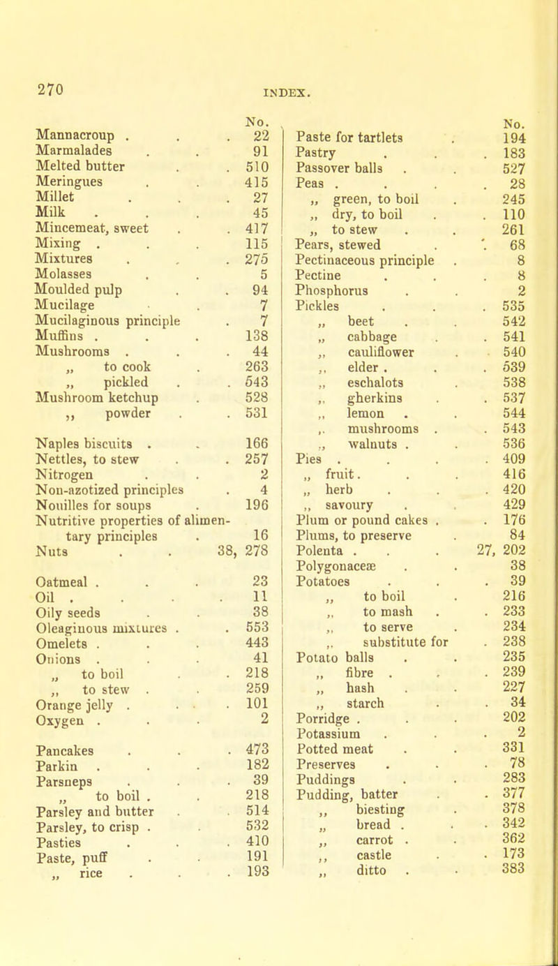 riO, IVTannari'min jyA.txL±utx\jx w u Lf « f f 9'2 nil nTTxyfilnHpq y 1 ivxciicu DULcer K 1 f\ ATpj*! n Clips; rt 10 Millet 97 Milk luiUCClUcar-j sWccl , 'ti / IvTiYi n cr lulAillg . . , 11'=; ivxiALurco ... 5 jVToiilflpd miln Q4 Mucilage 7 MucilagiDOua principle 7 MX U LLl 11 o , ( « J.UO Ivl 11Q ny*rtrtm o liXUoiirUUIUs ... to pnnlf jj v\J V/VJ WIV . 263 tftO JLulUBIII UUUi n.CLUllULJ ^1 puwucr . . OOJ. Naples biscuits . 166 Nettles, to stew 257 Nitrogen . . 0 on-azoiizcQ principn-s . A *r ^ji*tiii1lao Tf\v o/Mmo ^Vrii+»«t^'lni*r»no»'fioa at qIiiyipti — i>iULriLi>c prupciiiico ui oiiujcii- lary priucipieo * Ifi INUlS . . OOj 97S ^ t o OattDeal . . * Oil . 11 Oily seeds 38 Oleaginous nuxLuies . 553 Omelets . Onions to boil . 218 to stew wrangc jcuy . ... 101 vjxygen . 2 Jr&nc&kes 473 I'&rkiQ • . • 182 Parsneps 39 „ to boil . 218 Parsley and butter 514 Parsley, to crisp . 532 Pasties 410 Paste, puff 191 „ rice 193 No. Paste for tartlets 194 Pastry 1 oo Passover balls 527 Peas . 28 „ green, to boil 245 „ dry, to boil 110 to stew OCT Pears, stewed Pectinaceous principle 68 8 Pectine 8 Phosphorus o rickles . 535 „ beet 542 „ cabbage . 541 ,, cauliflower 540 ,, elder . . 539 eschalots 538 ,, gherkins o6i ,, lemon 044 ,. mushrooms 016 ., walnuts . 536 iries . 4U9 „ fruit. 416 „ herb . 420 ,, savoury 429 Plum or pound cakes . . 176 Plums, to preserve O ,* 84 Polenta . 27, 202 Polygonaceae 38 Potatoes 39 ,, to boil 216 ,, to mash Zoo ,, to serve 234 ,. substitute for n DO Potato balls 235 „ fibre . 4oy „ basn Lit „ starch 34 Porridge . 202 Potassium 2 Potted meat 331 Preserves /o Puddings 283 Pudding, batter . 377 „ biesting 378 „ bread . . 342 „ carrot . 362 ,, castle . 173 ,, ditto 383