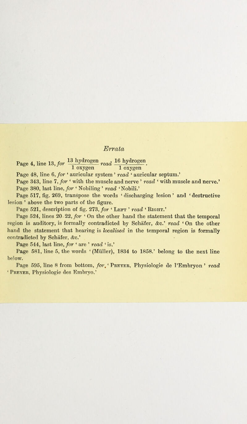 Page 4, line 13, for ^Mrogen read 16 hydrogen 1 oxygen 1 oxygen Page 48, line 6, for ' auricular system ' read ' auricular septum.' Page 343, line 7, for ' with the muscle and nerve ' read 1 with muscle and nerve.' Page 380, last line, for ' Nobiling ' read ' Nobili.' Page 517, fig. 269, transpose the words ' discharging lesion ' and ' destructive lesion ' above the two parts of the figure. Page 521, description of fig. 273, for ' Left ' read ' Right.' Page 524, lines 20-22, for ' On the other hand the statement that the temporal region is auditory, is formally contradicted by Schafer, &c.' read ' On the other hand the statement that hearing is localised in the temporal region is formally contradicted by Schafer, &c.' Page 544, last line, for ' are ' read ' is.' Page 581, line 5, the words ' (Miiller), 1834 to 1858.' belong to the next line below. Page 595, line 8 from bottom, for,' Peeyee, Physiologie de l'Embryon ' read ' Preyee, Physiologie des Embryo.'