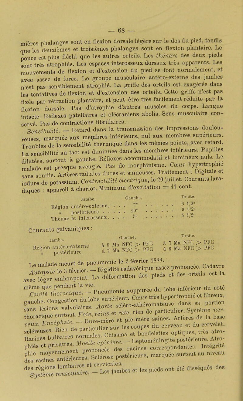 mières phalanges sont en flexion dorsale légère sur le dos du pied, tandis que les deuxièmes et troisièmes phalanges sont en flexion plantaire. Le pouce est plus fléchi que les autres orteils. Les thénars des deux pieds sont très atrophié?. Les espaces interosseux dorsaux très apparents. Les mouvements de flexion et d'extension du pied se font normalement, et avec assez de force. Le groupe musculaire antéro-externe des jambes n'est pas sensiblement atrophié. La griffe des orteils est exagérée dans les tentatives de flexion et d'extension des orteils. Cette griffe n'est pas fixée par rétraction plantaire, et peut être très facilement réduite par la flexion dorsale. Pas d'atrophie d'autres muscles du corps. Langue intacte. Réflexes patellaires et olécraniens abolis. Sens musculaire con- servé Pas de contractions fibrillaires. Sensibilité. — Retard dans la transmission des impressions doulou- reuses marquée aux meçibres inférieurs, nul aux membres supérieurs. Troubles de la sensibilité thermique dans les mêmes points, avec retard. La sensibilité au tact est diminuée dans les membres inférieurs. Pupilles dilatées surtout cà gauche. Réflexes accoramodatif et lumineux nuls. Le malade est presque aveugle. Pas de morphinisme. Cœur hypertrophie cîans souflle. Artères radiales dures et sinueuses. Traitement : Digitale et iodure de potassium. Contractilité électrique, le 20 juillet. Courants fara- diques : appareil à chariot. Minimum d'excitation = H cent. Jambe. Gauche. Droite. Région antéro-externe. • • • ]° l \Z „ postérieure | ^ Thénar et interosseux. ... 5° /- Courants galvaniques : Gauche. Droite. , à S Ml NFC -> PFC à 1 Ma NFC > PFC Région antéro-externe a 8 Ma NFC > l^L _ ^ ^ » postérieure a ( ma i>ru ^ ^ ^t■t^r3Télt^~dUé':adI^^^^^^ prononcée. Cadav.e avtÏÏeTelo„;r.: La^=éfo™a«o„ des pieds et de. orteils est la même que pendant la ^^<'- .uppurée du lobe inférieur du côté ''SëVoriZ duTl up^^ Ws hypertrophié et fbreux. gauche. Congés ion Qu w v ,. t^éromateuse dans sa portion sans lésions ' ner- thoraeique surtout. f ; ■-^.^ 3^i„es. Artères de la base veu.. 'f ,-J^j^ :^rs„r le's coupes du cerveau et du cervelet. ?''Thulbrires noCr Chiasma et bandelettes optiques, très atro- Racines bulba'res nom Leptoméningite postérieure. Atro- pMés et B_,=«2nt rrlne  racines correspondantes. Intégrité t^aS a^tSurerSclérose postérieure, marquée surtout au niveau