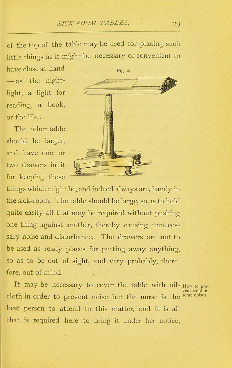 SICK-ROOM TABLES. of the top of the table may be used for placing such little things as it might be necessary or convenient to have close at hand — as the night- light, a light for reading, a book, or the like. The other table should be larger, and have one or two drawers in it for keeping those things which might be, and indeed always are, handy in the sick-room. The table should be large, so as to hold quite easily all that may be required without pushing one thing against another, thereby causing unneces- sary noise and disturbance. The drawers are not to be used as ready places for putting away anything, so as to be out of sight, and very probably, there- fore, out of mind. It may be necessary to cover the table with oil- h ve cloth in order to prevent noise, but the nurse is the ^° best person to attend to this matter, and it is all that is required here to bring it under her notice,