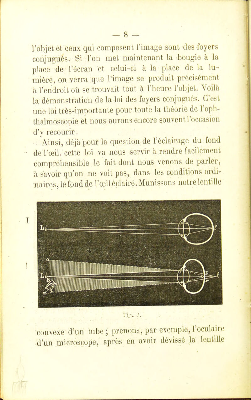 l'objet et ceux qui composent l'image sont des foyers conjugués. Si l'on met maintenant la bougie à la place de l'écran et celui-ci à la place de la lu- mière, on verra que l'image se produit précisément à l'endroit où se trouvait tout à l'heure l'objet. Voilà la démonstration de la loi des foyers conjugués. C'est une loi très-importante pour toute la théorie de l'oph- thalmoscopie et nous aurons encore souvent l'occasion d'y recourir. Ainsi, déjà pour la question de l'éclairage du fond de l'œil, cette loi va nous servir à rendre facilement compréhensible le fait dont nous venons de parler, à savoir qu'on ne voit pas, dans les conditions ordi- jiairesjlefondde l'œil éclairé. Munissons notre lentille l i;-. 2. convexe d'un tube; prenons, par exemple,l'oculaire d'un microscope, après en avoir dévissé la lentille