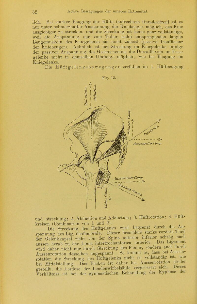 Hell. Bei starker Beugung der Hüfte (aufrechtem Geradesitzen) ist es nur unter schmerzhafter Anspannung der Kniebeuger möglich, das Knie ausgiebiger zu strecken, und die Streckung ist keine ganz vollständige, weil die Anspannung der vom Tuber ischii entspringenden langen Beugemuskeln des Kniegelenks sie nicht zulässt (passive Insufficienz der Kniebeuger). Aehnlich ist bei Streckung im Kniegelenke infolge der passiven Anspannung des Gastrocnemius die Dorsalflexion im Fuss- gelenke nicht in demselben Umfange möglich, wie bei Beugung im Kniegelenke. Die Hüftgelenksbewegungen zerfallen in: 1. Hüftbeugung und -Streckung; 2. Abduction und Adduction; 3. Hüftrotation; 4. Huft- kreisen (Gombination von 1 und 2). i i j- a Die Streckung des Hüftgelenks wü-d begrenzt durch die An- spannung des Lig. ileofemorale. Dieser besonders starke vordere ilieil der Gelenkkapsel zieht von der Spina anterior inferior schräg nach aussen herab zu der Linea intertrochanterica anterior. Das Ligament wird daher nicht nur durch Streckung des Femur, sondern auch durch Aussenrotation desselben angespannt. So kommt es, dass bei Aussen- rotation die Streckung des Hüftgelenks nicht so vollständig ist, wie bei MittelsteUung. Das Becken ist daher bei Aussenrotation steiler gestellt, die Lordose der Lendenwirbelsäule vergrössert sich. Uieses Verhältniss ist bei der gymnastischen Behandlung der Kyphose aei