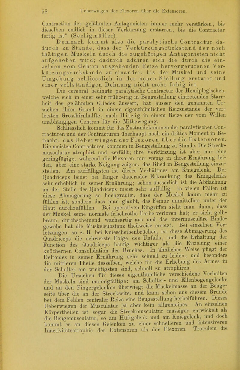 Contraction der gelähmten Antagouisten immer mehr verstärken, bis dieselben endlich in dieser Verküi-zung erstarren, bis die Contractur fertig ist (Seeligmüller). Demnach kommt also die paralytische Contractur da- durch zu Stande, dass der Verkürzungsrückstand der noch thätigen Muskeln durch die zugehörigen Antagonisten nicht aufgehoben wird; dadurch addiren sich die durch die ein- zelnen vom Gehirn ausgehenden Reize hervorgerufenen Ver- kürzungsrückstände zu einander, bis der Muskel und seine Umgebung schliesslich in der neuen Stellung erstarrt und einer vollständigen Dehnung nicht mehr fähig ist. Die cerebral bedingte paralytische Contractur der Hemiplegischen, welche sich in einer sehr frühzeitig in BeugesteUung eintretenden Starr- heit des gelähmten Gliedes äussert, hat ausser den genannten Ur- sachen ihren Grund in einem eigenthümlichen Reizzustande der ver- letzten Grosshirnhälfte, nach Hitzig in einem Reize der vom Willen unabhängigen Centren für die Mitbewegung. Schliesslich kommt für das Zustandekommen der paralytischen Con- tracturen und der Contracturen überhaupt noch ein drittes Moment in Be- tracht: das Ueberwiegen der Flexoren üb er die Extensoren. Die meisten Contracturen kommen in Beugestellung zu Stande. Die Streck- musculatur atrophirt und zerfällt; ihre Verkürzung ist aber nm- eine geringfügige, während die Flexoren nur wenig in ihrer Ernährung lei- den, aber eine starke Neigung zeigen, das Glied in Beugestellung einzu- stellen. Am auffälligsten ist dieses Verhältniss am Kniegelenk. Der Quadriceps leidet bei länger dauernder Erkrankung des Kniegelenks sehr erheblich in seiner Ernähi-ung; schon äusserlich ist die Abflachuug an der Stelle des Quadriceps meist sehr auffäUig. In vielen Fällen ist diese Abmagerung so hochgradig, dass der Muskel kaum mehr zu fühlen ist, sondern dass man glaubt, das Femur unmittelbar unter der Haut durchzufühlen. Bei operativen Eingriffen sieht man dann, dass der Muskel seine normale frischrothe Farbe verloren hat; er sieht gelb- braun, durchscheinend wachsartig aus und das intermusculäre Binde- gewebe hat die Muskelsubstanz theilweise ersetzt. Bei einzelnen Ver- letzmigen, so z. B. bei Kniescheibenbrüchen, ist diese Abmagerung des Quadriceps die schwerste Folge des Unfalls, und die Erhaltung der Function des Quadriceps häufig wichtiger als die Erzielung emer knöchernen Consolidation des Bruches. In ähnhcher Weise pflegt der Deltoides in seiner Ernährung sehr schnell zu leiden, und besonders die mittleren Theile desselben, welche für die Erhebung des Armes m der Schulter am wichtigsten sind, schnell zu atrophiren. Die Ursachen für dieses eigenthümliche verschiedene Verhalten der Muskeln sind mannigfaltige: am Schulter- und Ellenbogengelenke und an den Fingergelenken überwiegt die Muskelmasse an der Beuge- seite über die an der Streckseite, und kann schon aus diesem Grunde bei dem Fehlen centraler Reize eine Beugestellung herbeiführen. Dieses Ueberwiegen der Musculatur ist aber kein allgemeines. An einzelnen Körpertheilen ist sogar die Streckmusculatur massiger entwickelt als die Beugemusculatur, so am Hüftgelenk und am Kniegelenk, und doch kommt es an diesen Gelenken zu einer schnelleren und mtensivereu Inactivitätsatrophie der Extensoren als der Flexoren. Trotzdem die