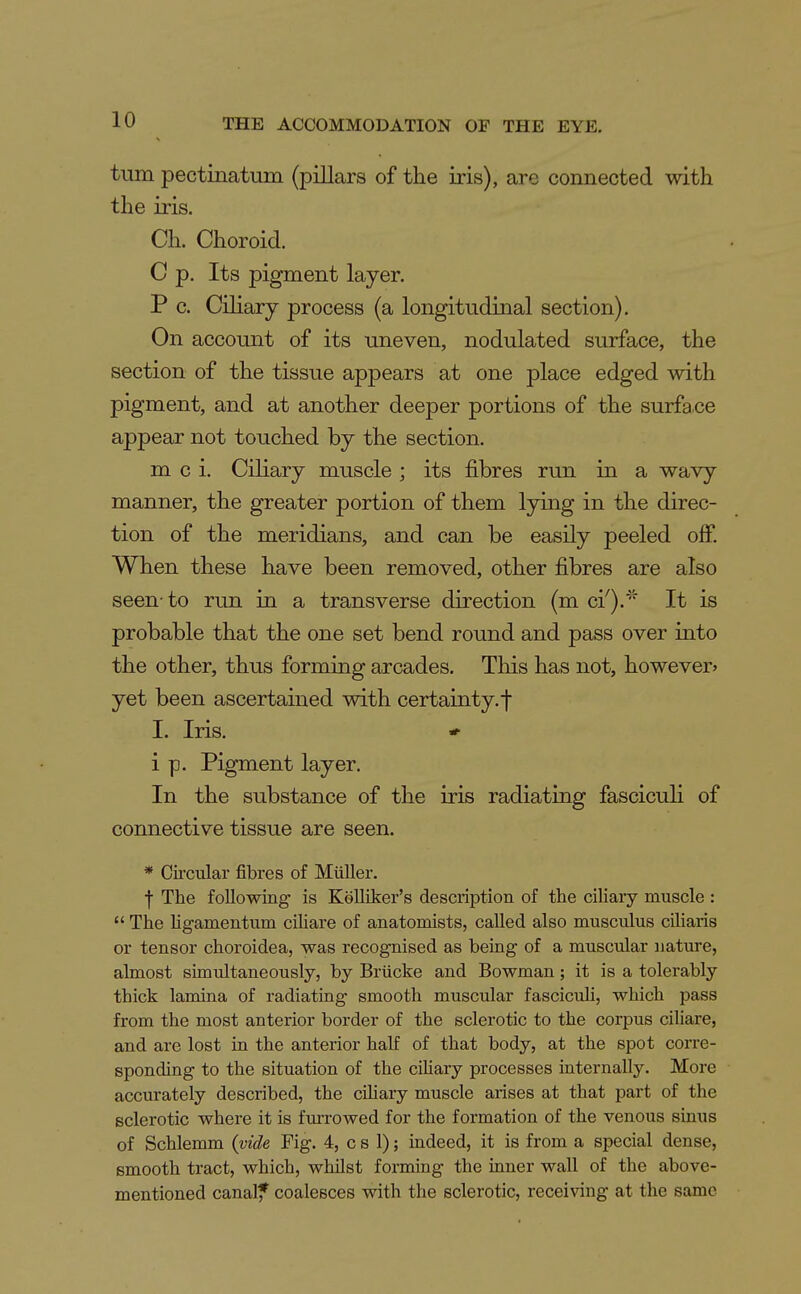 turn pectinatum (pillars of the iris), are connected with the iris. Ch. Choroid. C p. Its pigment layer. P c. Ciliary process (a longitudinal section). On account of its uneven, nodulated surface, the section of the tissue appears at one place edged with pigment, and at another deeper portions of the surface appear not touched by the section. m c i. Ciliary muscle ; its fibres run in a wavy manner, the greater portion of them lying in the direc- tion of the meridians, and can be easily peeled off. When these have been removed, other fibres are also seen- to run in a transverse direction (m ci').' It is probable that the one set bend round and pass over into the other, thus forming arcades. This has not, however* yet been ascertained with certainty.f I. Iris. * i p. Pigment layer. In the substance of the iris radiating fasciculi of connective tissue are seen. * Circular fibres of Miiller. t The following is KoUiker's description of the ciliary muscle :  The hg-amentum ciHare of anatomists, called also musculus ciliaris or tensor choroidea, was recognised as being of a muscular natxire, almost simultaneously, by Briicke and Bowman; it is a tolerably thick lamina of radiating smooth muscular fasciculi, which pass from the most anterior border of the sclerotic to the corpus ciliare, and are lost in the anterior half of that body, at the spot corre- sponding to the situation of the cihary processes internally. More accurately described, the ciliary muscle arises at that part of the sclerotic where it is furrowed for the formation of the venous sinus of Schlemm {vide Fig. 4, c s 1); indeed, it is from a special dense, smooth tract, which, whilst forming the inner wall of the above- mentioned canalf coalesces with the sclerotic, receiving at the same