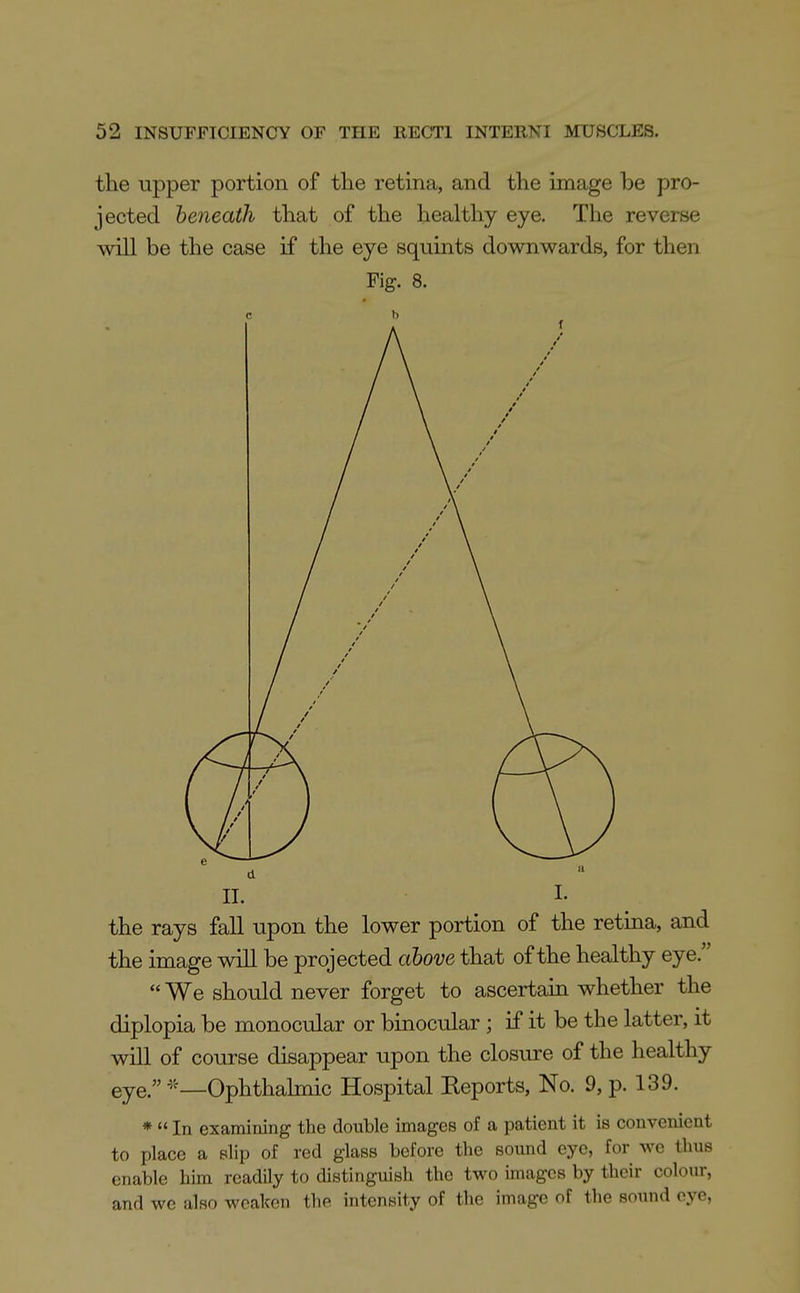 the upper portion of the retina, and the image be pro- jected beneath that of the healthy eye. The reverse will be the case if the eye squints downwards, for then Fig. 8. II. I. the rays fall upon the lower portion of the retina, and the image will be projected above that of the healthy eye. We should never forget to ascertain whether the diplopia be monocular or binocular; if it be the latter, it will of course disappear upon the closure of the healthy eye. Ophthahnic Hospital Eeports, No. 9, p. 139. *  In examining the double images of a patient it is convenient to place a slip of red glass before the sound eye, for we thus enable him readily to distinguish the two images by their colour, and we also weaken the intensity of the image of the sound eye,