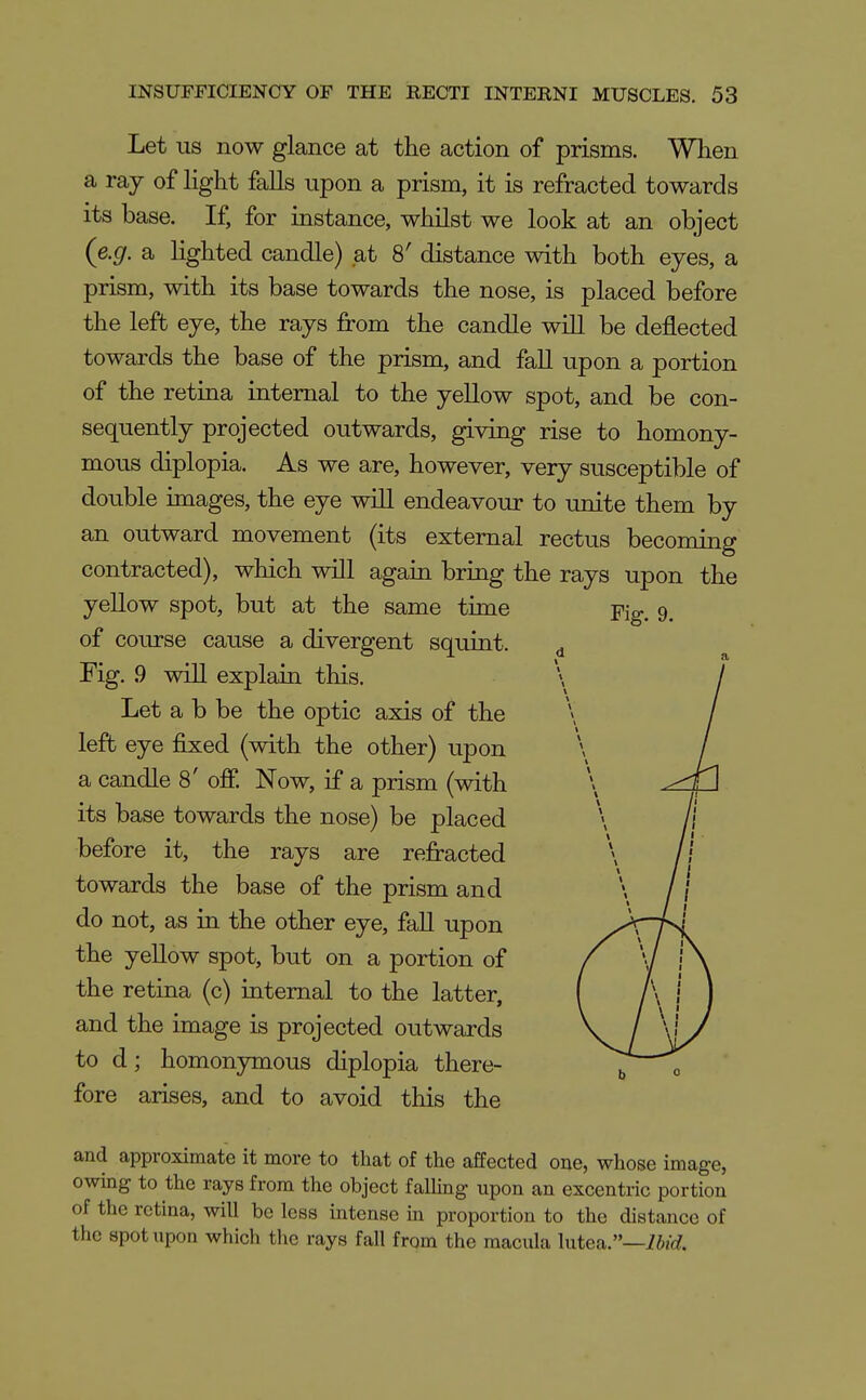 Let us now glance at the action of prisms. When a ray of light falls upon a prism, it is refracted towards its base. If, for instance, whilst we look at an object (e.g. a lighted candle) at 8' distance with both eyes, a prism, with its base towards the nose, is placed before the left eye, the rays from the candle will be deflected towards the base of the prism, and fall upon a portion of the retina internal to the yellow spot, and be con- sequently projected outwards, giving rise to homony- mous diplopia. As we are, however, very susceptible of double images, the eye will endeavour to unite them by an outward movement (its external rectus becoming contracted), which will again bring the rays upon the yellow spot, but at the same time of course cause a divergent squint. Fig. .9 will explain this. Let a b be the optic axis of the left eye fixed (with the other) upon a candle 8' off. Now, if a prism (with its base towards the nose) be placed before it, the rays are refracted towards the base of the prism and do not, as in the other eye, fall upon the yellow spot, but on a portion of the retina (c) internal to the latter, and the image is projected outwards to d; homonymous diplopia there- fore arises, and to avoid this the Fig. 9. and approximate it more to that of the affected one, whose image, owing to the rays from the object falhng upon an excentric portion of the retina, will be less intense in proportion to the distance of the spot upon which the rays fall from the macula lutea.—ii?^