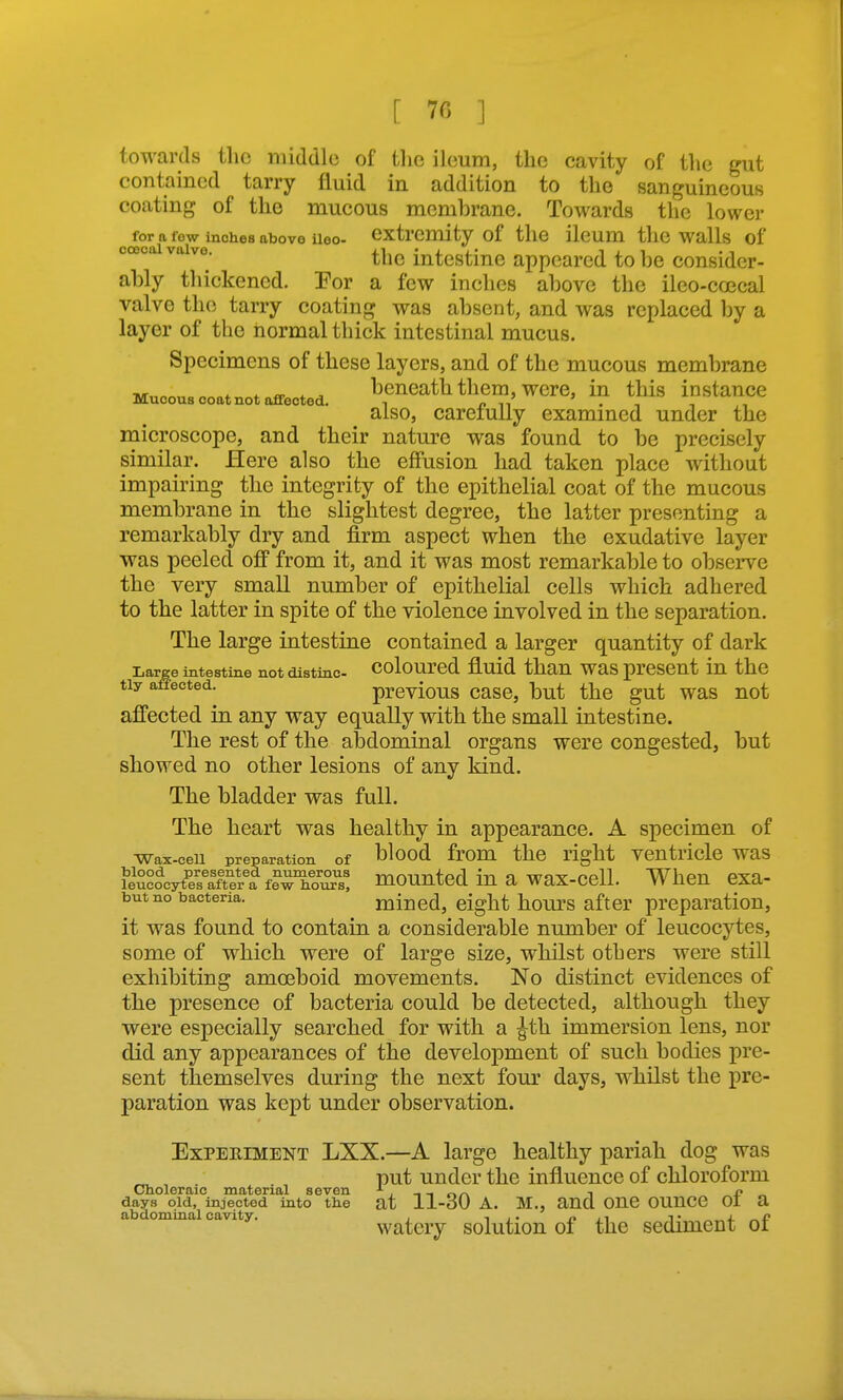 towards the middle of the ileum, the cavity of the gut contained tarry fluid in addition to the sanguineous coating of the mucous membrane. Towards the lower for a few inches above ileo- extremity of the ileum the walls of cceca valve. ^^iq intestinc appeared to he consider- ably thickened. Por a few inches above the ileo-coecal valve the tarry coating was absent, and was replaced by a layer of the normal thick intestinal mucus. Specimens of these layers, and of the mucous membrane . „ beneath them, were, in this instance Mucous coat not affected. i /. n . -, ■, ,-, also, careiully examined under the microscope, and their nature was found to be precisely similar. Here also the effusion had taken place without impairing the integrity of the epithelial coat of the mucous membrane in the slightest degree, the latter presenting a remarkably dry and firm aspect when the exudative layer was peeled off from it, and it was most remarkable to observe the very small number of epithelial cells which adhered to the latter in spite of the violence involved in the separation. The large intestine contained a larger quantity of dark Large intestine notdistinc COlourcd fluid than WaS prCSCUt in thc tly affected. previous casc, but the gut was not affected in any way equally with the small intestine. The rest of the abdominal organs were congested, but showed no other lesions of any kind. The bladder was full. The heart was healthy in appearance. A specimen of Wax-cell preparation of blood from the light vcntriclc was wocytSte*r'^ fewTo'^'s! mouutcd in a wax-cclL When exa- but no bacteria. mined, eight houjs after preparation, it was found to contain a considerable number of leucocytes, some of which were of large size, whilst others were still exhibiting amoeboid movements. No distinct evidences of the presence of bacteria could be detected, although they were especially searched for with a ^th immersion lens, nor did any appearances of the development of such bodies pre- sent themselves during the next four days, whilst the pre- paration was kept under observation. Experiment LXX.—A large healthy pariah dog was put under the influence of chloroform Choleraic material seven ^ , -, ^ days old, injected into the at 11-30 A. M., and OUe OUUCC 01 a omma cavity. watciy solutiou of thc scdimcnt of