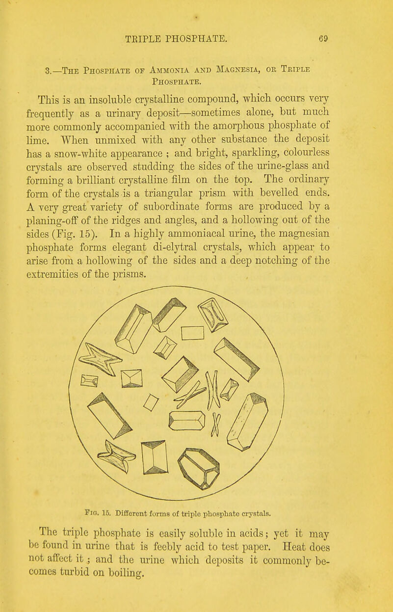 3.—The Phosphate of Ammonia and Magnesia, or Triple Phosphate. This is an insoluble crystalline compound, which occurs very frequently as a urinary deposit—sometimes alone, but much more commonly accompanied with the amorphous phosphate of lime. When unmixed with any other substance the deposit has a snow-white appearance ; and bright, sparkling, colourless crystals are observed studding the sides of the mine-glass and forming a brilliant crystalline film on the top. The ordinary form of the crystals is a triangular prism with bevelled ends. A very great variety of subordinate forms are produced by a planing-off of the ridges and angles, and a hollowing out of the sides (Fig. 15). In a highly ammoniacal urine, the magnesian phosphate forms elegant di-elytral crystals, which appear to arise from a hollowing of the sides and a deep notching of the extremities of the prisms. Fio. 15. Different forms of triple phosphate crystals. The triple phosphate is easily soluble in acids; yet it may be found in urine that is feebly acid to test paper. Heat does not affect it; and the urine which deposits it commonly be- comes turbid on boiling.