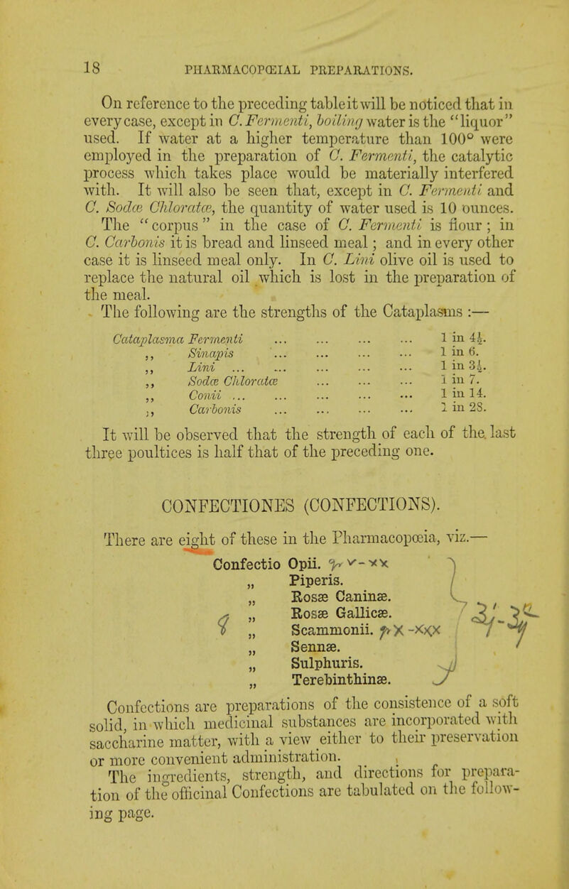 On reference to the preceding tableit will be noticed tliat in every case, except in C.Fermenti, Z^o/Z/y^'^/water is the liquor used. If water at a higher temperature than IOC were employed in the preparation of G. Fermenti, the catalytic process which takes place would be materially interfered with. It will also be seen that, except in C. Ferment I, and C. SodcG Chloratce, the quantity of water used is 10 ounces. The  corpus  in the case of C. Fermenti is flour; in C. Carhonis it is bread and linseed meal; and in every other case it is linseed meal only. In C. Lini olive oil is used to replace the natural oil which is lost in the preparation of the meal. The following are the strengths of the Cataplasms :— Cataplasma Fermenti ... ... 1 in 4^. Sinapis 1 in 6. Lini Iin34. Sodce Chlorcdce 1 in 7. „ Conii 1 in 14. Carbonis ... 1 in 28. It will be observed that the strength of each of the. last three poultices is half that of the preceding one. CONFECTIONES (CONFECTIONS). There are eight of these in the Pharmacopoeia, viz. Confectio Opii. ^v-vy „ Piperis. „ Rosae Caninse. ^ „ Rosse Gallicas. 0 „ Scammonii. ->^KX „ Sennae. „ Sulphuris. „ Terebinthinse. Confections are preparations of the consistence of a soft solid, in which medicinal substances are incorporated with saccharine matter, with a view either to their preservation or more convenient administration. The ingredients, strength, and directions for prepara- tion of the officinal Confections are tabulated on the follow- ing page.
