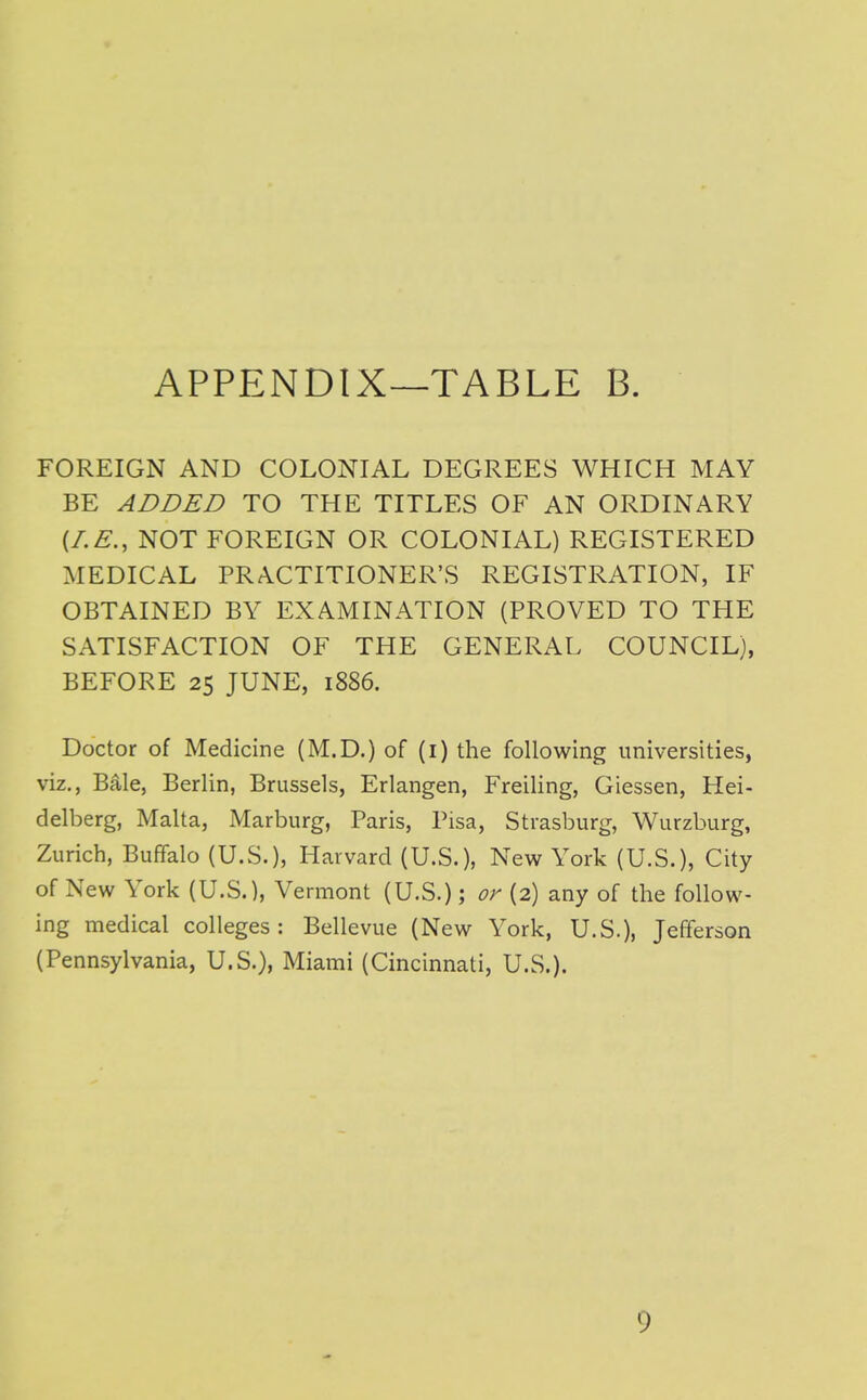 FOREIGN AND COLONIAL DEGREES WHICH MAY BE ADDED TO THE TITLES OF AN ORDINARY {I.E., NOT FOREIGN OR COLONIAL) REGISTERED MEDICAL PRACTITIONER'S REGISTRATION, IF OBTAINED BY EXAMINATION (PROVED TO THE SATISFACTION OF THE GENERAL COUNCIL), BEFORE 25 JUNE, 1886. Doctor of Medicine (M.D.) of (i) the following universities, viz., Bale, Berlin, Brussels, Erlangen, Freiling, Giessen, Hei- delberg, Malta, Marburg, Paris, Pisa, Strasburg, Wurzburg, Zurich, Buffalo (U.S.), Harvard (U.S.), New York (U.S.), City of New York (U.S.), Vermont (U.S.); or (2) any of the follow- ing medical colleges: Bellevue (New York, U.S.), Jefferson (Pennsylvania, U.S.), Miami (Cincinnati, U.S.).