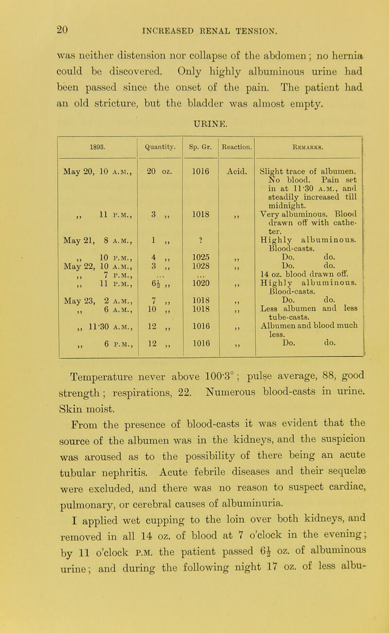 was neither distension nor collapse of the abdomen; no hernia could be discovered. Only highly albuminous urine had been passed since the onset of the pain. The patient had an old stricture, but the bladder was almost empty. URINE. 1893. Quantity. Sp. Gr. Reaction. Remarks. May 20, 10 a.m., 20 oz. 1016 Acid. Slight trace of albumen. No blood. Pain set in at 11'30 a.m., and steadily increased till midnight. 11 P.M., 3 )» 1018 ) ! Very albuminous. Blood drawn off with f^athe- ter. May 21, 8 a.m.. 1 )» •> Highly albuminous. Blood-casts. ,, 10 P.M., 4 ) J 1025 >) Do. do. May 22, 10 a.m., 3 )) 1028 )3 Do. do. 7 P.M., 14 oz. blood drawn off. 11 P.M., 64 )) 1020 l> Highly albuminous. Blood-casts. May 23, 2 a.m., 7 J J 1018 1» Do. do. ,, 6 A.M., 10 J J 1018 SJ Less albumen and less tube-casts. „ 11-30 A.M., 12 )> 1016 )) Albumen and blood much less. ,, 6 P.M., 12 9 1 1016 >> Do. do. Temperature never above 100-3°; pulse average, 88, good strength; respirations, 22. Numerous blood-casts in urine. Skin moist. From the presence of blood-casts it was evident that the source of the albumen was in the kidneys, and the suspicion was aroused as to the possibility of there being an acute tubular nephritis. Acute febrile diseases and their sequelae were excluded, and there was no reason to suspect cardiac, pulmonary, or cerebral causes of albuminuria. I applied wet cupping to the loin over both kidneys, and removed in all 14 oz. of blood at 7 o'clock in the evening; by 11 o'clock p.m. the patient passed 6| oz. of albuminous urine; and during the following night 17 oz. of less albu-