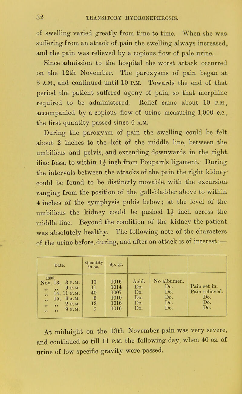 of swelling varied greatly from time to time. When she was suffering from an attack of pain the swelling always increased,, and the pain was relieved by a copious flow of pale urine. Since admission to the hospital the worst attack occurred on the 12th November. The paroxysms of pain began at 5 A.M., and continued until 10 p.m. Towards the end of that, period the patient suffered agony of pain, so that morphine requii'ed to be administered. Relief came about 10 p.m.,. accompanied by a copious flow of urine measuring 1,000 c.c, the first quantity passed since 6 a.m. During the paroxysm of pain the swelling could be felt, about 2 inches to the left of the middle line, between the umbilicus and pelvis, and extending downwards in the right, iliac fossa to within IJ inch from Poupart's ligament. During the intervals between the attacks of the pain the right kidney could be found to be distinctly movable, with the excursion ranging from the position of the gall-bladder above to withia 4 inches of the symphysis pubis below; at the level of the umbilicus the kidney could be pushed 1^ inch across the middle line. Beyond the condition of the kidney the patient was absolutely healthy. The following note of the characters, of the urine before, during, and after an attack is of interest:— Date. Quantitj' in oz. Sp. gr. 1895. Nov. 13, 3 p.m. ,, ,, 9 P.M. ,, 14, 11 P.M. ,, 15, 6 a.m. „ „ 2 p.m. ,, ,, 9 P.M. 13 11 40 6 13 1016 1014 1007 1010 1016 1016 Acid. Do. Do. Do. Do. Do. No albumen. Do. Do. Do. Do. Do. Pain set in. Pain relieved. Do. Do. Do. At midnight on the 13th November pain was very severe, and continued so till 11 p.m. the following day, when 40 oz. ot urine of low specific gravity were passed.