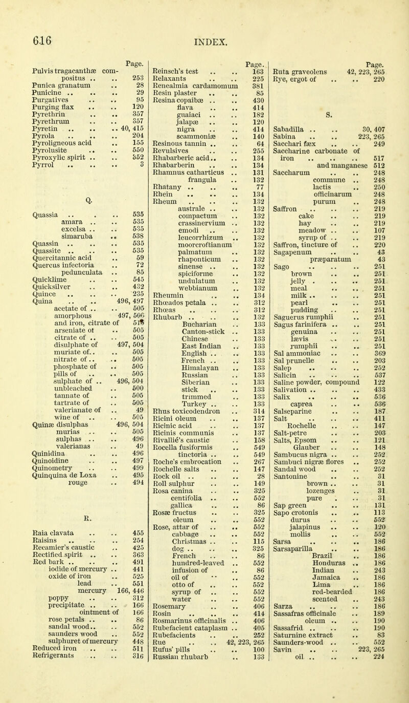 Page. Pulvis tragacanthse com- positus .. 253 Punica granatum 28 Purgatives 95 Purging flax 120 Pyi'ethrin 357 Pyrethrum 357 204 Pyroligneous acid 155 Pyrolusite .. 550 Pyroxylic spirit .. 362 Pyrrol 3 Quassia 535 amara .. 535 excelsa .. 535 simaruba 638 535 Quassite ., 535 Quercitannic acid 59 Quercas infectoria 72 pedunculata 85 Quicklime 545 Quicksilver 4-32 235 Quina 496 497 acetate of .. 505 amorphous 497 600 and iron, citrate of 5]% arseniate ot 605 citrate of .. 505 disulphate of '497 604 muriate of.. 605 nitrate of.. 505 phosphate of 505 pills of 505 sulphate of .. 496, 504 unbleached 600 tannate of 605 tartrate of 505 valerianate of 49 wine of 505 Quinse disulphas ' 496, 504 murias 505 sulphas .. 496 valerianas 49 Quinidina 496 Quinoidine 497 Quinometry 499 Quinquina de Loxa 495 rouge 494 E. Raia clavata 455 254 Recamier's caustic 425 Rectified spirit .. 363 Red hark 491 iodide of mercury .. 441 oxide of iron 525 lead 551 mercury 166, 446 poppy 312 precipitate .. 166 ointment of 166 rose petals .. 86 sandal wood.. 552 Saunders wood 552 sulphuret of mercury 448 Reduced iron 511 Refrigerants S16 Page. Reinsch's test 163 Relaxants 225 Renealmia cardamomum 381 Resin plaster 85 Resina copaibse .. 430 flava 414 guaiaci 182 jalaps 120 nigra 414 scammoniae 140 Resinous tannin .. 64 Revulsives 255 Rhabarberic acid.. 134 Rhabarberin 134 Rhamnus cathai-ticus .. 131 frangula 132 Rhatany 77 Rhein 134 Rheum 132 australe .. 132 compactum 132 crassinervium .. 132 emodi 132 leucorrhizum .. 132 moorcroftianiim 132 palmatum 132 rhaponticum 132 sinense .. 132 spiciforme 132 undulatum 132 webbianum 132 Rheumin 134 Rhojados petala .. 312 Rhoeas 312 Rhubarb .. .. 132 Bucharian 133 Canton-stick .. 133 Chinese 133 East Indian 133 English .. 133 French .. 133 Himalayan 133 Russian 133 Siberian 133 stick 133 trimmed 133 Turkey .. 133 Rhus toxicodendron 314 Ricini oleum 137 Ricinic acid 137 Ricinis communis 137 Rivallie's caustic 158 Rocella fusiformis 549 tinctoria .. 549 Roche's embrocation 267 Rochelle salts 147 Rock oil 28 Roll sulphur 149 Rosa canina 325 centifolia 552 gallica 86 Rosse fructus 325 oleum 552 Rose, attar of 552 cabbage 552 Christmas .. 116 dog .. 325 French 86 hundred-leaved .. 552 infusion of 86 oil of 562 otto of 552 syrup of 652 water 552 Rosemary Rosin 406 414 Rosmarinus officinalis .. 406 Rubefacient cataplasm .. 405 Rubefacients 252 Rue .. ., 42,223 265 Rufus' pills 100 Russian rhubarb 133 Page. Ruta graveolens 42, 223, 265 Rye, ergot of .. .. 220 S. Sabadilla ., .. 30,407 Sabina .. ,, 223, 265 Sacchari fsex ., .. 249 Saccharine carbonate of iron 617 and manganese 512 Saccharum .. .. 248 commune ., 248 lactis .. 250 officinarum 248 purum .. 248 Saffron 219 cake .. .. 219 hay .. .. 219 meadow .. ,, 107 syn\p of ,, .. 219 Saffron, tincture of .. 220 Sagapenum .. .. 43 prseparatum 43 Sago 251 brown .. ., 251 jelly 261 meal .. .. 251 milk 251 pearl .. .. 251 pudding .. 251 Saguerus rumphii .. 251 Sagus farinifera .. .. 251 genuina .. ., 251 la2vis .. 251 rumphii .. 251 Sal ammoniac .. .. 369 SalpruneUe .. .. 203 Salep 252 Salicin 537 Saline powder, compound 122 Salivation 433 Salix 636 caprea .. .. 636 Salseparine .. .. 187 Salt 411 Rochelle .. .. 147 Salt-petre .. .. 203 Salts, Epsom .. .. 121 Glauber .. .. 148 Sambucus nigra .. .. 252 Sambuci nigrse flores .. 252 Sandal wood .. .. 262 Santonine .. .. 31 brown .. .. 31 lozenges .. 31 pm-e . .. 31 Sap green .. .. 131 Sapo crotonis .. 113 durus .. .. 552 jalapinus .. .. 120 moUis .. .. 652 Sarsa 186 Sarsaparilla .. .. 186 Brazil .. 186 Honduras .. 186 Indian .. 243 Jamaica .. 186 Lima .. 186 red-bearded 186 scented .. 243 Sarza 186 Sassafras oflScinale .. 189 oleum .. .. 190 Sassafrid 190 Saturnine extract .. 83 Saunders-wood ,. .. 552 Savin .. .. 223,265 oil 224