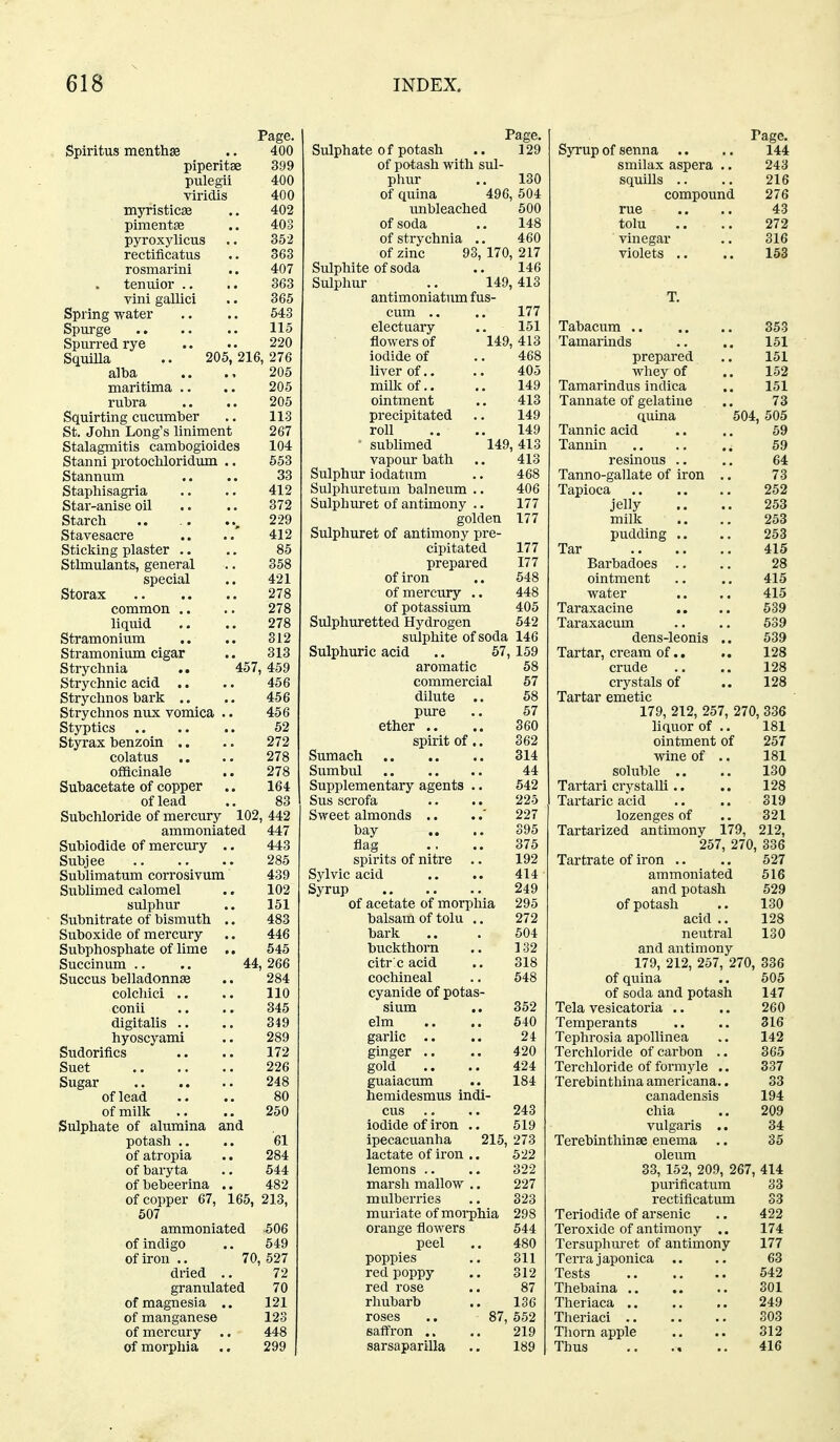 'age. 1 Page. rage. Spiritus niGiitli^ • • tqQ Sulphate o f potash 129 Syrup of senna 144 pipcritsG pulegii of potash with sul- smilax aspera .. 243 Ann 400 phur 130 squills .. 216 . viridis 400 of quina 496, 504 compound 276 mynsticsB unbleached 500 rue 43 pimentEG • • 403 of soda 148 tolu 272 pyroxylicus 352 of strychnia .. 460 ' vinegar 316 rectificatus 363 of zinc 93, 170, 217 violets .. 153 rosmarini 407 Sulphite of soda 146 tenuior ., 363 Sulphur .. 149 413 vini gallici 365 antimoniatnm fus- T. Spring water 543 cum .. 177 115 electuary 151 353 Spurred rye 220 flowers of 149, 413 Tamarinds .. ,. 151 SquiUa .. 205, 216, 276 iodide of 468 prepared 151 alba 205 liver of.. 405 whey of 152 maritima .. 205 milk of.. 149 Tamarindus indica 151 rubra 205 ointment 413 Tannate of gelatine 73 Squirting cucumber 113 precipitated 149 quina 504 , 505 St. John Long's liniment 267 roll 149 Tannic acid .. 69 Stalagmitis cambogioides 104 sublimed 149,413 Tannin .. .. ,, 59 Stanni protocliloridum .. 553 vapour bath 41o resinous .. 64 Stannum 33 Sulphur iodatum 468 Tanno-gallate of iron .. 73 Staphisagria 412 Sulphuretum balneum .. 406 Tapioca 252 Star-anise oil 372 Sulphuret of antimony . ■ jelly 253 Starch 229 golden 177 milk .. 253 Stavesacre 412 Sulphuret of antimony pre- 177 pudding .. 253 Sticking plaster .. 85 cipitated Tar 415 Stimulants, general 358 prepared 177 Barbadoes 28 special 421 of iron ointmeait 415 278 01 mercury • • 448 water 415 common .. 278 of potassium 405 Taraxacine .. 639 liquid 278 Sulphuretted Hydrogen 542 Taraxacum 639 Stramonium 312 sulphite of soda 146 dens-leonis .. 539 Stramonium cigar 313 Sulphuric acid .. 57 159 Tartar, cream of.. 128 Strychnia .. 457 459 aromatic 58 crude 128 Strychnic acid .. 456 commercial 57 crystals of 128 Strychnos bark .. 456 dilute 58 Tartar emetic Strychnos nux vomica .. 456 pure 57 179, 212, 257, 270, 336 52 ether .. 360 liauor of .. 181 Styrax benzoin .. 272 spirit of.. 362 ointment of 257 colatus 278 314 wine of .. 181 officinale 278 44 soluble .. 130 Subacetate of copper 164 Supplementary agents .. 542 Tartari crystalli.. 128 of lead 83 Sus scrofa 225 Tartaric acid 819 Subchloride of mercury 102 442 Sweet almonds .. 227 lozenges of 321 ammoniated 447 bay 395 Tartarized antimony 179, 212, Subiodide of mercury .. 443 flag 375 257, 270 336 285 spirits of nitre .. 192 Tartrate of iron .. 527 Sublimatum corrosivum 439 Sylvic acid 414 ammoniated 516 Sublimed calomel 102 Syrup 249 and potash 529 sulphur 151 of acetate of morphia 295 of potash 130 Subnitrate of bismuth .. 483 balsam of tolu .. 272 acid .. 128 Suboxide of mercury 446 bark 504 neutral 130 Subphosphate of lime .. 545 buckthorn 132 and antimony Succinum .. .. 44 266 citr c acid 318 179, 212, 257, 270, 336 Succus belladonnse 284 cochineal 648 of quina 505 colcliici • • • • 110 cyanide of potas- of soda and potash 147 conii 345 sium 352 Tela vesicatoria .. 260 digitalis .. 349 elm 540 Temperants 316 hyoscyami 289 garlic .. 24 Tephrosia apoUinea 142 Sudoriflcs 172 ginger .. 420 Terchloride of carbon .. 365 226 gold 424 Terchloride of formyle .. 337 Sugar 248 guaiacum 184 Terebinthina americana.. 33 of lead 80 hemidesmus indi- canadensis 194 of milk 250 cus 243 chia 209 Sulphate of alumina and iodide of iron .. 519 vulgaris .. 34 potash .. 61 ipecacuanha 215, 273 Terebinthinse enema 35 of atropia 284 lactate of iron .. 522 oleum of baryta 544 lemons .. 322 33, 152, 209, 267, 414 of bebeerina .. 482 marsh mallow .. 227 purificatum 33 of copper 67, 165, 213, mulberries 323 rectificatum S3 607 muriate of morphia 298 Teriodide of arsenic 422 ammoniated 506 orange flowers 544 Teroxide of antimony .. 174 of indigo 549 peel 480 Tersuphm-et of antimony 177 of iron .. 70, 527 poppies 311 Terra japonica 63 dried .. 72 red poppy 312 Tests 542 granulated 70 red rose 87 301 of magnesia .. 121 rhubarb 136 Theriaca ., 249 of manganese 123 roses .. 87, 552 303 of mercury .. 448 saffron .. 219 Thorn apple 312 of morphia 299 sarsaparilla 189 416