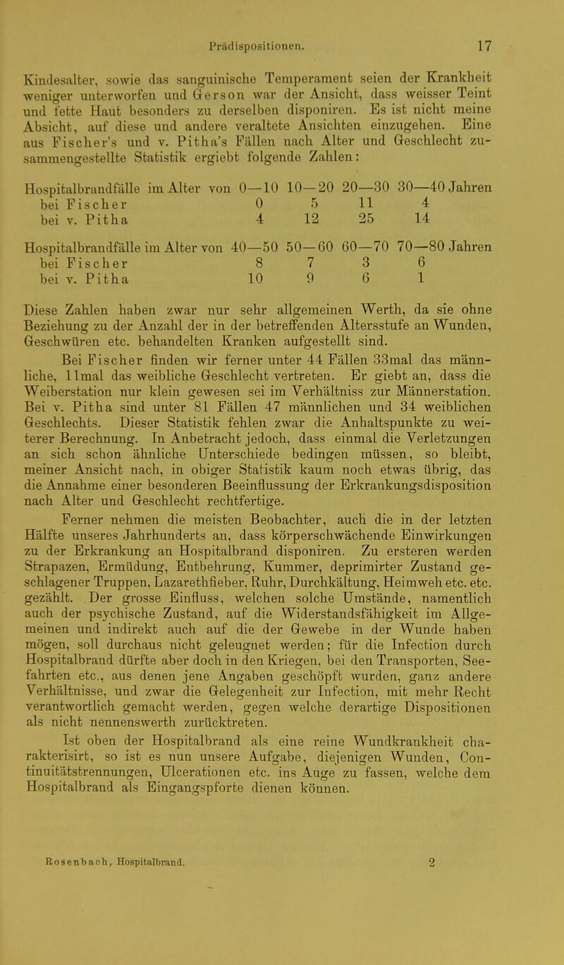 Kindesalter, sowie das sanguinische Temperament seien der Krankheit ■weniger unterworfen und Gerson war der Ansicht, dass weisser Teint und fette Haut besonders zu derselben disponiren. Es ist nicht meine Absicht, auf diese und andere veraltete Ansichten einzugehen. Eine aus Fischers und v. Pitha's Fällen nach Alter und Geschlecht zu- sammengestellte Statistik ergiebt folgende Zahlen: Hospitalbrandfälle im Alter von 0—10 10-20 20—30 30—40Jaliren bei Fischer 0 5 11 4 bei V. Pitha 4 12 25 14 Hospitalbrandfälle im Alter von 40—50 50—60 60—70 70—80 Jahren bei Fischer 8 7 3 6 bei V. Pitha 10 9 6 1 Diese Zahlen haben zwar nur sehr allgemeinen Werth, da sie ohne Beziehung zu der Anzahl der in der betreffenden Altersstufe an Wunden, Geschwüren etc. behandelten Kranken aufgestellt sind. Bei Fischer finden wir ferner unter 44 Fällen 83mal das männ- liche, llmal das weibliche Geschlecht vertreten. Er giebt an, dass die Weiberstation nur klein Seewesen sei im Verhältniss zur Männerstation. Bei V. Pitha sind unter 81 Fällen 47 männlichen und 34 weiblichen Geschlechts. Dieser Statistik fehlen zwar die Anhaltspunkte zu wei- terer Berechnung. In Anbetracht jedoch, dass einmal die Verletzungen an sich schon ähnliche Unterschiede bedingen müssen, so bleibt, meiner Ansicht nach, in obiger Statistik kaum noch etwas übrig, das die Annahme einer besonderen Beeinflussung der Erkrankungsdisposition nach Alter und Geschlecht rechtfertige. Ferner nehmen die meisten Beobachter, auch die in der letzten Hälfte unseres Jahrhunderts an, dass körperschwächende Einwirkungen zu der Erkrankung an Hospitalbrand disponiren. Zu ersteren werden Strapazen, Ermüdung, Entbehrung, Kummer, deprimirter Zustand ge- schlagener Truppen, Lazarethfieber, Ruhr, Durchkältung, Heimweh etc. etc. gezählt. Der grosse Einfluss, welchen solche Umstände, namentlich auch der psychische Zustand, auf die Widerstandsfähigkeit im Allge- meinen und indirekt auch auf die der Gewebe in der Wunde haben mögen, soll durchaus nicht geleugnet werden; für die Infection durch Hospitalbrand dürfte aber doch in den Kriegen, bei den Transporten, See- fahrten etc., aus denen jene Angaben geschöpft wurden, ganz andere Verhältnisse, und zwar die Gelegenheit zur Infection, mit mehr Recht verantwortlich gemacht werden, gegen welche derartige Dispositionen als nicht nennenswerth zurücktreten. Ist oben der Hospitalbrand als eine reine Wundkrankheit cha- rakterisirt, so ist es nun unsei-e Aufgabe, diejenigen Wunden, Con- tinuitätstrennungen, Ulcerationen etc. ins Auge zu fassen, welche dem Hospitalbrand als Eingangspforte dienen können. Rosenbach, Hospitalbrand. 2