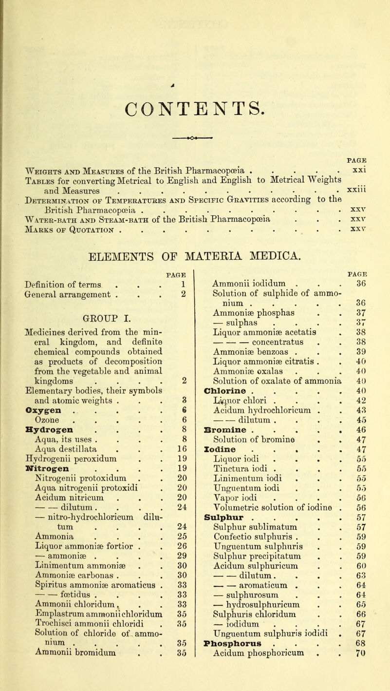 CONTENTS. PAGE Weights and Measures of the British Pharmacopoeia .... xxi Tables for converting Metrical to English and English to Metrical Weights and Measures . . . . . • • • • • • xxm Determination of Temperatures and Specific Gravities according to the British Pharmacopoeia .......... xxv Water-bath and Steam-bath of the British Pharmacopoeia . . . xxv Marks of Quotation ........... xxv ELEMENTS OF MATERIA MEDICA. PAGE Definition of terms 1 General arrangement ... 2 GKOUP I. Medicines derived from the min- eral kingdom, and definite chemical compounds obtained as products of decomposition from the vegetable and animal kingdoms .... 2 Elementary bodies, their symbols and atomic weights ... 3 Oxygen ..... 6 Ozone ..... 6 Hydrogen .... 8 Aqua, its uses .... 8 Aqua destillata . . .16 Hydrogenii peroxidum . . 19 Nitrogen . . . .19 Nitrogenii protoxidum . . 20 Aqua nitrogenii protoxidi . 20 Acidum nitricum ... 20 dilutum.... 24 — nitro-hydrochlorieum dilu- tum .... 24 Ammonia .... 25 Liquor ammonise fortior . . 26 — ammonise . . 29 Linimentum ammonise . . 30 Ammonise carbonas ... 30 Spiritus ammonise aromaticus . 33 foetidus .... 33 Ammonii chloridum... 33 Emplastrumammoniichloridum 35 Trochisci ammonii chloridi . 35 Solution of chloride of ammo- nium 35 Ammonii bromidum . . 35 PAGE Ammonii iodidum ... 36 Solution of sulphide of ammo- nium ..... 36 Ammonise phosphas . . 37 — sulphas . . . .37 Liquor ammonise acetatis . 38 concentratus . . 38 Ammonise benzoas ... 39 Liquor ammonise citratis . . 40 Ammonise oxalas . . .40 Solution of oxalate of ammonia 40 Chlorine ..... 40 Liquor chlori . . . .42 Acidum hydrochloricum . . 43 dilutum .... 45 Bromine ..... 46 Solution of bromine . . 47 Iodine ..... 47 Liquor iodi . . . .55 Tinctura iodi . . . .55 Linimentum iodi ... 55 Unguentum iodi . . .55 Vapor iodi .... 56 Volumetric solution of iodine . 56 Sulphur 57 Sulphur sublimatum . . 57 Confectio sulphuris ... 59 Unguentum sulphuris . . 59 Sulphur precipitatum . . 59 Acidum sulphuricum . . 60 dilutum. . . .63 aromaticum . . .64 — sulphurosum . . .64 — hydrosulphuricum . . 65 Sulphuris chloridum . . 66 — iodidum .... 67 Unguentum sulphuris iodidi . 67 Phosphorus .... 68 Acidum phosphoricum . . 70
