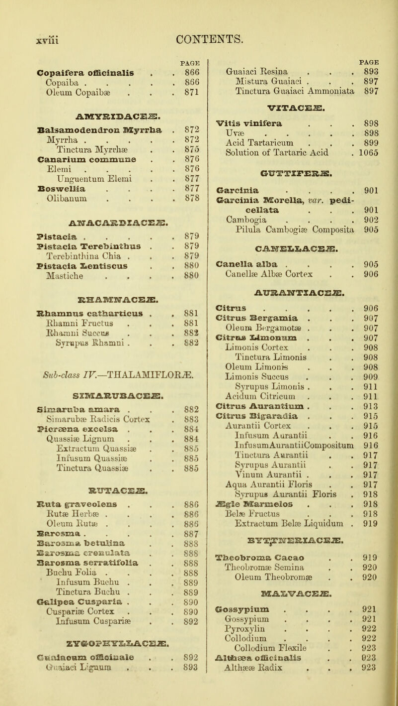 PAGE Copaifera officinalis . . 866 Copaiba ..... 866 Oleum Copaibae . . .871 Balsamodendrou XWCyrrna . 872 Myrrha 872 Tinctura Myrrhae . . 875 Canarium commune . .876 Elemi 876 Unguentum Elemi . . 877 Boswellia . . . .877 Olibauum . . . .878 Pistacia ..... 879 Pistacia Terebintbus . .879 Terebinthina Chia . . . 879 Pistacia S»entiscus . .880 Mastiche . . . .880 RHiHVTWii.CE.2E. Ehamnus catnarticus . .881 Khamni Fructus . . .881 Rhamni Suceu* . . . 882 Sjrupus Khamni . . . 882 Sub-class IV.—THALAMIFLORiE. SIMARUBACEiS. Simaruba smara . . . 882 Simarubae Hadicis Cortex . 883 Picreena excelsa . . . 884 Quassiae Lignum . . . 884 Extractum Quassiae . . 885 Infusum Quassise . . 885 Tinctura Quassias . . 885 RUTACS2:. Huta graveolens . . .886 Rutae Herbse .... 886 Oleum Rut* . . . .886 Sarosxaa 887 Baro3ixia, betulina . . 888 Barosma creazulata .. . 888 Barosma serratifolia . . 888 Buchu Folia .... 888 Infusum Buehu . . . 889 Tinctura Buchu . . .889 Gclipea Cusparia . . .890 Cusparise Cortex . . . 890 Infusum Cusparise . . 892 ZYftOPHTLLACEJE. Guaiaoum officinale . . 892 Guaiaci Lignum , . .893 PAGE vjruaiaci jvcoiua ■ . . . xvxiobura urudiaui . . . Tinctura Guaiaci Ammoniata 897 VITACES. Vitas vinifera 898 U\T83 ..... 898 Acid Tartaricum 899 Solution of Tartaric Acid 1065 V7«S,rC15iI«* .... QA 1 yui G-arcinia ZVEorella, var. pedi- cellata 901 Cambogia .... 902 Pilula Cambogiae Composita 905 CAMEItSaACEiS. Canella alba .... 905 Canellae Albae Cortex 906 AUaAWTIACEffi. Citrus 906 Citrus Bergamia . 907 Oleum Bergamotae . 907 Citrus Umonum . 907 Li m on is Cortex 908 Tinctura Limonis 908 Oleum Limonis 908 Limonis Succus 909 byrupus Limonis . 911 Acidum Citricum 911 Citrus Aurautium . 913 Citrus Bigaradia . 915 Aurantii Cortex 915 Infusum Aurantii 916 InfusumAurantiiCompositum 916 Tinctura Aurantii 917 Svrimus Aurantii Vinum Aurantii . 917 917 Acjua Auranui x'loris . , Ql 7 yi t Syrupus Aurantii Floris . 918 jB&gle ZMEarmeios . . 918 Belse Fructus 918 Extractum Belae Liquidum . 919 BTT^ZtfEEX&CEJE. 91 9 Civ \ 11 C*C\\\Vi\VTl SpTTllTlH 990 Oleum Tlieobromse . . OO A ZMLAXVACBJE. Cossypium .... 921 Gossypium .... 921 Pyroxylin .... 922 Collodium .... 922 Collodium Flexile 923 iiitibaea officinalis 023 Altlicese Eadix 923