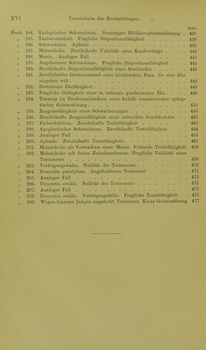 Seite Beob. 184. Epileptischer Schwachsinn. Beantragte Blödsinnigkeitserklärung . 428 „ 185. Taubstummheit. Fragliche Dispositionsfähigkeit 428 „ 186. Schwachsinn. Aphasie 430 „ 187. Melancholie. Zweifelhafte Validität eines Kaufvertrags .... 444 „ 188. Manie. Analoger Fall 445 „ 189. Angeborener Schwachsinn. Fragliche Dispositionsfähigkeit . . . 445 „ 190. Zweifelhafte Dispositionsfähigkeit eines Sterbenden ....... 445 „ 191. Zweifelhafter Geisteszustand einer hirnkranken Frau, die eine Ehe eingehen will 448 „ 192. Bestrittene Ehefähigkeit 448 „ 193. Fragliche Gültigkeit einer in extremis geschlossenen Ehe.... 449 „ 194. Trauung im Prodromalstadium eines Anfalls transitorischer epilep- tischer Geistesstörung......... 450 „ 195. Zeugnissfähigkeit eines Schwachsinnigen 456 „ 196. Zweifelhafte Zeugnissfähigkeit einer imbecillen Geschändeten . . 457 „ 197. Fieberdelirium. Zweifelhafte Testirfähigkeit 463 „ 198. Apoplectischer Schwachsinn. Zweifelhafte Testirfähigkeit . . . 464 „ 199. Analoger Fall 465 „ 200. Aphasie. Zweifelhafte Testirfähigkeit 465 „ 201. Melancholie als Vorstadium einer Manie. Fehlende Testirfähigkeit 468 „ 202. Melancholie mit freien Zwischenräumen. Fragliche Validität eines Testaments 469 „ 203. Verfolgungswahn. Nullität des Testaments 470 „ 204. Dementia paralytica. Angefochtenes Testament 471 „ 205. Analoger Fall . 472 „ 206. Dementia senilis. Nullität des Testaments 472 „ 207. Analoger Fall 472 „ 208. Dementia senilis. Verfolgungsdelir. Fragliche Testirfähigkeit . . 473 „ 209. Wegen bizarren Inhalts angefocht. Testament. Keine Geistesstörung 477