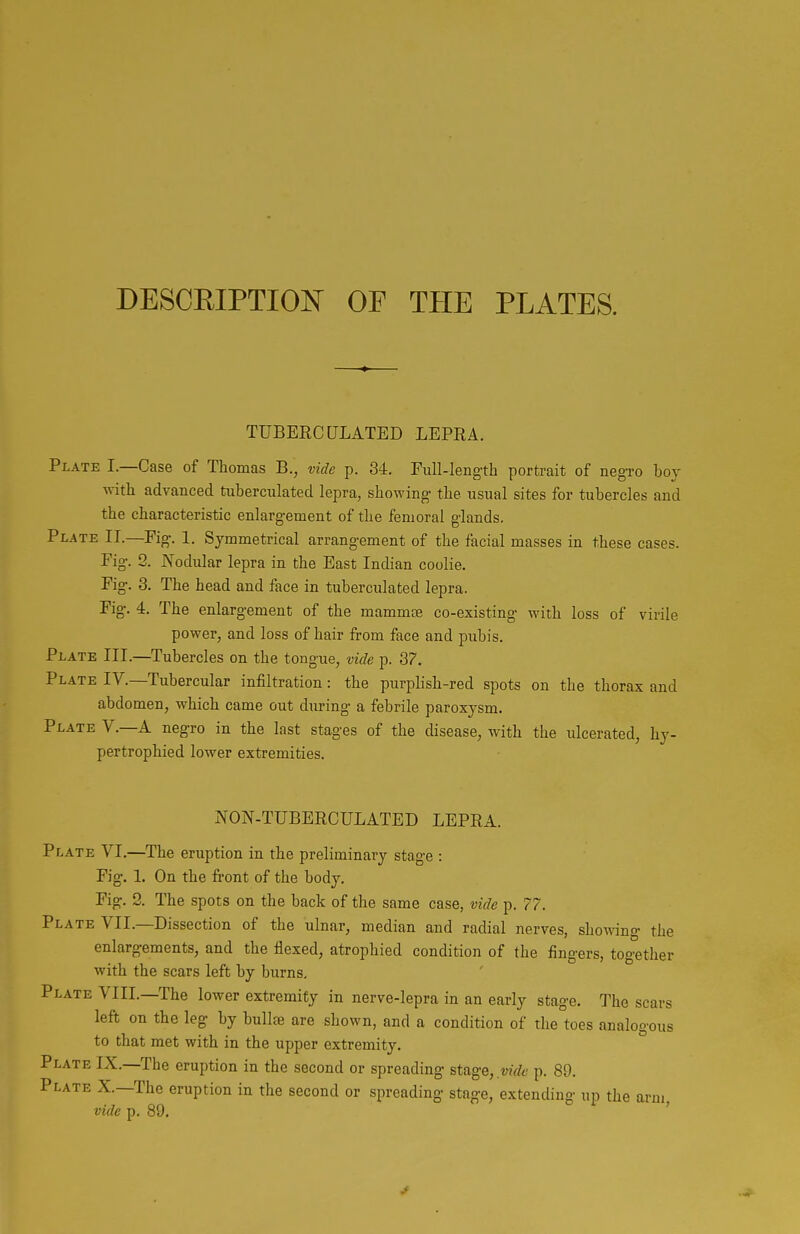 DESCEIPTION OF THE PLATES. TUBERCULATED LEPRA. Plate I.—Case of Thomas B., vide p. 34, Full-length portrait of neg-ro boy with advanced tuberculated lepra, showing the usual sites for tubercles and the characteristic enlargement of the femoral glands. Plate II.—Fig. 1. Symmetrical arrangement of the facial masses in these cases. Fig. 2. Nodular lepra in the East Indian coolie. Fig. 3. The head and face in tuberculated lepra. Fig. 4. The enlargement of the mammae co-existing with loss of virile power, and loss of hair from face and pubis. Plate III.—Tubercles on the tongue, vide p. 3?. Plate IV.—Tubercular infiltration: the purphsh-red spots on the thorax and abdomen, which came out during a febrile paroxysm. Plate V.—A negro in the last stages of the disease, with the ulcerated, hy- pertrophied lower extremities. NON-TUBERCULATED LEPRA. Plate VI,—The eruption in the preliminary stage : Fig, 1, On the fi-ont of the body. Fig. 2. The spots on the back of the same case, vide p. 77. Plate VII.—Dissection of the ulnar, median and radial nerves, shomng the enlargements, and the flexed, atrophied condition of the fingers, together with the scars left by burns, Plate VIII.—The lower extremity in nerve-lepra in an early stage. The scars left on the leg by bullee are shown, and a condition of the toes analogous to that met with in the upper extremity. Plate IX.—The eruption in the second or spreading stage, .w/f p. 89. Plate X.—The eruption in the second or spreading stage, extending up the arm, vide p. 89. '