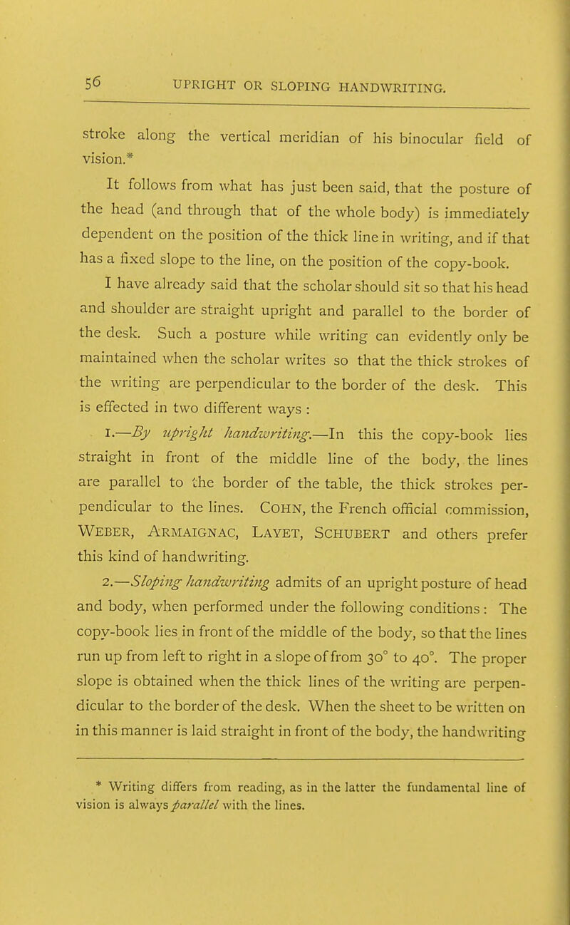 Stroke along the vertical meridian of his binocular field of vision.* It follows from what has just been said, that the posture of the head (and through that of the whole body) is immediately dependent on the position of the thick line in writing, and if that has a fixed slope to the line, on the position of the copy-book. I have already said that the scholar should sit so that his head and shoulder are straight upright and parallel to the border of the desk. Such a posture while writing can evidently only be maintained when the scholar writes so that the thick strokes of the writing are perpendicular to the border of the desk. This is effected in two different ways : 1. —By upright handwriting.—In this the copy-book lies straight in front of the middle line of the body, the lines are parallel to the border of the table, the thick strokes per- pendicular to the lines. COHN, the PVench official commission, Weber, Armaignac, Layet, Schubert and others prefer this kind of handwriting. 2. —Sloping handwriting admits of an upright posture of head and body, when performed under the following conditions: The copy-book lies in front of the middle of the body, so that the lines run up from left to right in a slope of from 30° to 40°. The proper slope is obtained when the thick lines of the wi-iting are perpen- dicular to the border of the desk. When the sheet to be written on in this manner is laid straight in front of the body, the handwriting * Writing differs from reading, as in the latter the fundamental line of vision is al-ways parallel with the lines.