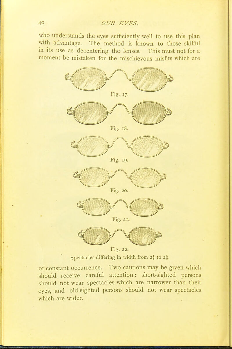 who understands the eyes sufficiently well to use this plan with advantage. The method is known to those skilful in its use as decentering the lenses. This must not for a moment be mistaken for the mischievous misfits which are Fig. 22. Spectacles differing in width from 2i to 2f. of constant occurrence. Two cautions may be given which should receive careful attention: short-sighted persons should not wear spectacles which are narrower than their eyes, and old-sighted persons should not wear spectacles which are wider.