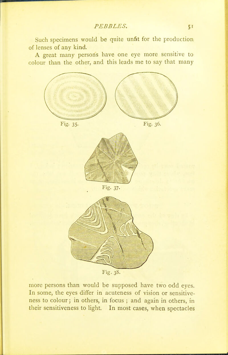 Such specimens would be quite unfit for the production of lenses of any kind. A great many persons have one eye more sensitive to colour than the other, and this leads me to say that many Fig. 38. more persons than would be supposed have two odd eyes. In some, the eyes differ in acuteness of vision or sensitive- ness to colour; in others, in focus ; and again in others, in their sensitiveness to light. In most cases, when spectacles