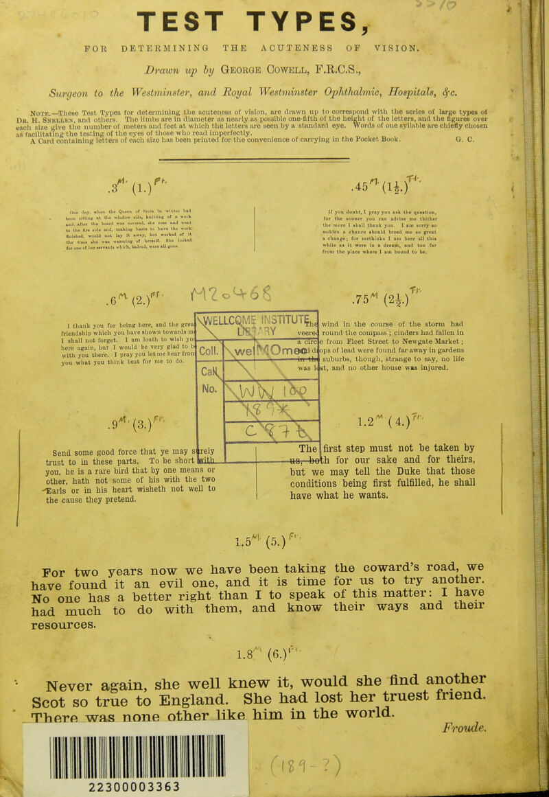 TEST TYPES, FOR DETERMINING THE AOUTENESS OP VISION. Draion up by George Cowell, F.R.C.S., Surgeon to the Westmmste7% and Royal Westminster Ophthalmic, Hospitals, Sfc. Note. These Tost Types for doterinining the acutoness of vision, are drawn up to correspond with the serios of large types of Db. H. Snkllen, and others. The limhs are In diameter ns nearly as possible one-fifth of the height of the letters, and the figures over each size give tlie number of meters and feet at which the letters are seen by a standard eye. Words of one syllable are chiefly chosen as facilitating the testing of the eyes of those who road imperfectly. A Curd containing letters of each size has been printed for the convenience of carrying In tlie Pocket Book. G. C. f (1.) .45''(ii.r Oat wbcn the Qu«ii of Se.>U In wlntar hm.l brcu sHtiuK «l lliB wluJow .iJc, IcuiUlng ot u, work Kua »ft«r lh« Wt.I wb« covero.l, ilic roM wnut tu Ui« fiM M- ft''. m»lilug li»«te to lifcva tho wjrk BnUlitJ. would not Ixy It ftwy. l-ut workoJ ef U th. tlm« .h. wftrmlng hcr.cK. She look.d (or on« of her i»rTftiit» wlilcli. iaJeoJ. were »U Bono. ir you douht, I pray you ask tlie queition, for the buoner you can adviie me thither the more I shall thank you. I atn sorry lo •iiddcit a chance ahould breed me mo great a change; for uietlutika I am here all thii while a% it were in a dream, and too far from the place nhere I am bound to he. (2.) 75^ (21) I thank you for being here, nnd the gren friendaliip which you have shown towards m I shall not forget. I am loath to wish yoi here again, but I would be very glad to b with you there. I pray you let me hear fvon you what you thhik best for me to do. 9'^'(3.) ^WELLCOME Da Coll. \ we 1^^ O m e©i ops ] \ ill th sul CaH^ No. rely Send some good force that ye may trust to in these parts. To toe short you. he is a rare bu'd that by one means or other, hath not some of his with the two -^arls or in his heart wisheth not well to the cause they pretend. INSTITUTE, ht veerei wind in the course of the storm had round the compass ; cinders had fallen in e from Fleet Street to Newgate Market; of lead were found far away in gardens suburbs, though, strange to say, no life was lifflt, and no other house was injured. a circ The 1.2' (4.) first step must not be taken by for our sake and for tlieii's, but we may tell the Duke that those conditions being first fulfilled, he shall have what he wants. 1.5^'' (5.) ft. For two years now we have been taking the coward's road, we have found it an evil one, and it is time for us to try another. No one has a better right than I to speak of this matter: I have had much to do with them, and know their ways and their resources. 1.8'^ (6.)'' Never again, she well knew it, would she find another Scot so true to England. She had lost her truest friend. There was none other like him in the world. Fronde. 22300003363