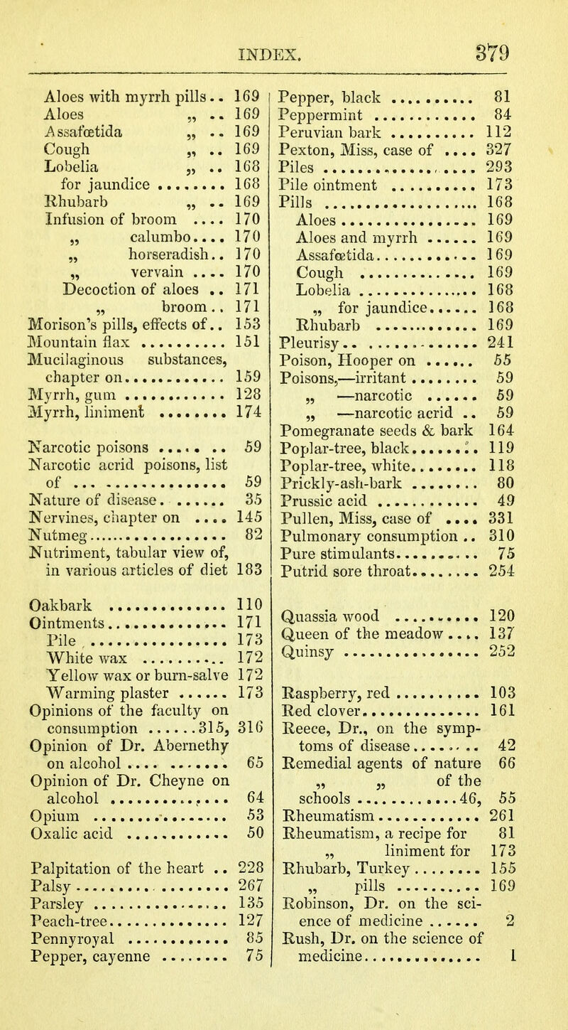 Aloes with myrrh pills.. 169 Aloes „ ..169 .Assafcetida „ ..169 Cough „ .. 169 Lobelia „ .. 168 for jaundice 168 Rhubarb „ .. 169 Infusion of broom .... 170 „ calumbo.... 170 „ horseradish.. 170 „ vervain 170 Decoction of aloes .. 171 „ broom.. 171 Morison's pills, effects of.. 153 Mountain flax 151 Mucilaginous substances, chapter on 159 Myrrh, gum 128 Myrrh, liniment 174 Narcotic poisons 59 Narcotic acrid poisons, list of 59 Nature of disease 35 Nervines, chapter on .... 145 Nutmeg 82 Nutriment, tabular view of, in various articles of diet 183 Oakbark 110 Ointments 171 Pile 173 White wax 172 Yellow wax or burn-salve 172 Warming plaster 173 Opinions of the faculty on consumption 315, 316 Opinion of Dr. Abernethy on alcohol 65 Opinion of Dr. Cheyne on alcohol 64 Opium 53 Oxalic acid 50 Palpitation of the heart .. 228 Palsy 267 Parsley 135 Peach-tree 127 Pennyroyal 85 Pepper, cayenne 75 Pepper, black 81 Peppermint 84 Peruvian bark 112 Pexton, Miss, case of .... 327 Piles 293 Pile ointment 173 Pills 168 Aloes 169 Aloes and myrrh 169 Assafcetida 169 Cough 169 Lobelia 168 „ for jaundice 168 Rhubarb 169 Pleurisy 241 Poison, Hooper on 55 Poisons,—irritant 59 „ ■—narcotic 59 „ —narcotic acrid .. 59 Pomegranate seeds & bark 164 Poplar-tree, black I. 119 Poplar-tree, white 118 Prickly-ash-bark 80 Prussic acid 49 Pullen, Miss, case of .... 331 Pulmonary consumption .. 310 Pure stimulants .. 75 Putrid sore throat 254 Quassia wood 120 Queen of the meadow .... 137 Quinsy 252 Raspberry, red 103 Red clover 161 Reece, Dr., on the symp- toms of disease........ 42 Remedial agents of nature 66 „ „ of the schools 46, 55 Rheumatism 261 Rheumatism, a recipe for 81 „ liniment for 173 Rhubarb, Turkey 155 ,, pills 169 Robinson, Dr. on the sci- ence of medicine 2 Rush, Dr. on the science of medicine I