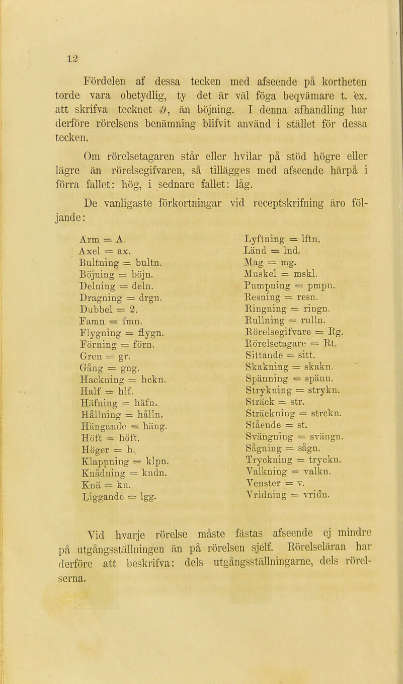 Fördelen af dessa tecken med afseende på kortheten torde vara obetydlig, ty det är väl föga beqvämare t. ex. att skrifva tecknet {)-, än böjning. I denna afhandling har derföre rörelsens benämning blifvit använd i stället för dessa tecken. Om rörelsetagaren står eller hvilar på stöd högre eller lägre än rörelsegifvaren, så tillägges med afseende härpå i förra fallet: hög, i sednare fallet: låg. De vanligaste förkortningar vid receptskrifning äro föl- jande: Arm - - A. Lyftning = lftn. Axel = ax. Länd = lnd. Bultning = bultn. Mag — mg. Böjning = böjn. Muskel = mskl. Delning = deln. Pumnning = pmpn. Dragning = drgn. Dubbel = 2. Resning = resn. Bingning = ringn. Faran = fmn. B,ullning = rulln. Flygning = flygn. Börelsegifvare = Eg. För ning = förn. Börelsetagare = Bt. Gren = gr. Sittande = sitt. Gång = gng. Skakning = skakn. Hackning = hckn. Spänning = spänn. Half = hlf. Strykning = strykn. Häfning - häfn. Sträck = str. Hållning = hålln. Sträckning = strckn. Hängande = häng. Stående = st. Höft = höft. Svängning = sväugu. Höger = h. Sågning = sågn. Klappning = klpn. Knådning = kndn. Tryckning = trycku. Valkning = valkn. Knä = kn. Venster = v. Liggande = lgg. Vridniug = vridn. Vid hvarje rörelse måste fästas afseende ej mindre på utgångsställningen än på rörelsen sjelf. Rörelselärau har derföre att beskrifva: dels utgångsställningarne, dels rörel- serna.