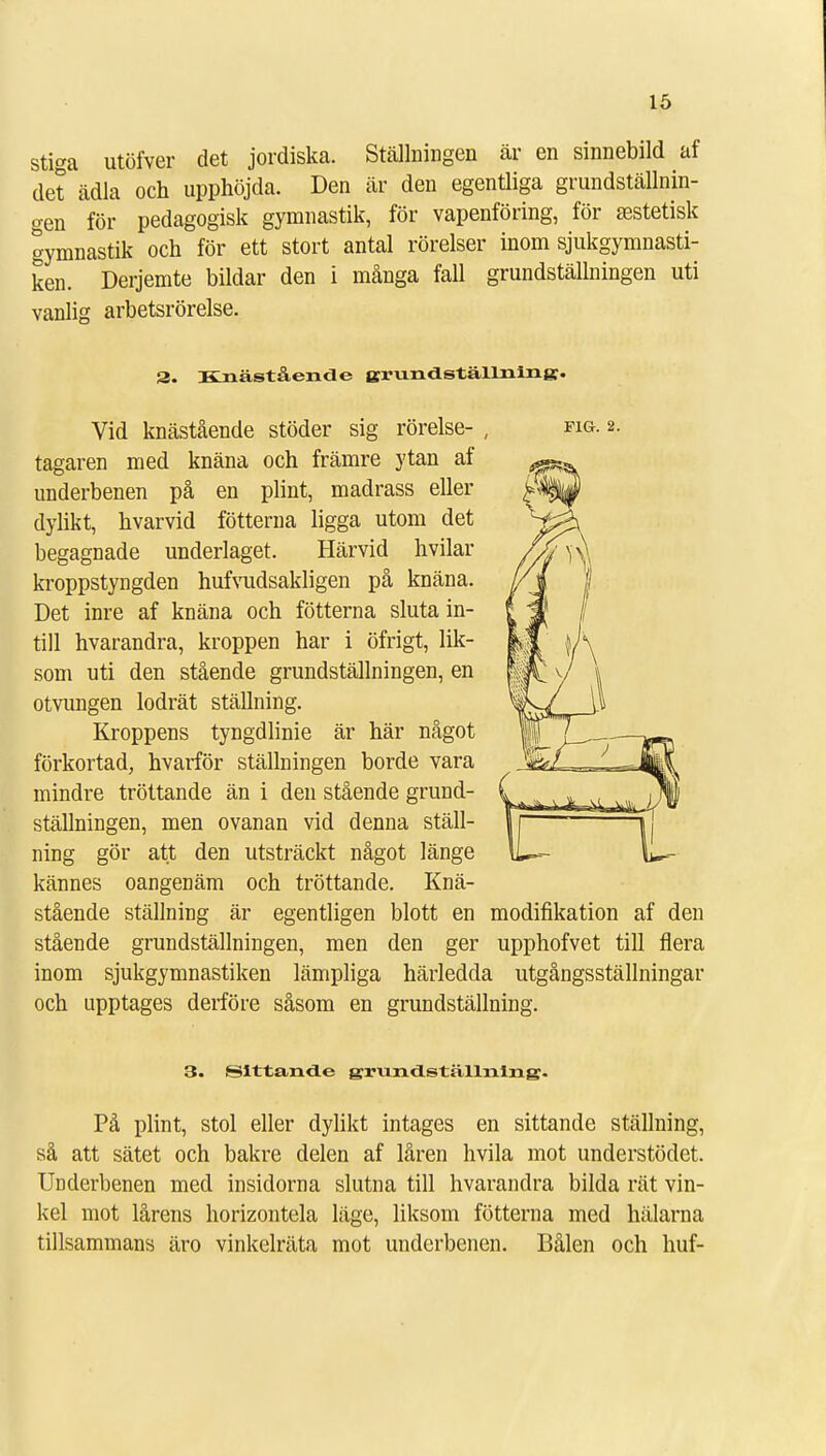 stiga utöfver det jordiska. Ställningen är en sinnebild af det ädla och upphöjda. Den är den egentliga grundställnin- gen för pedagogisk gymnastik, för vapenföring, för sestetisk gymnastik och för ett stort antal rörelser inom sjukgymnasti- ken. Derjemte bildar den i många fall grundställningen uti vanlig arbetsrörelse. 3. Iviiästående grundställiUnef. Vid knästående stöder sig rörelse- , fig. 2. tagaren med knäna och främre ytan af underbenen på en plint, madrass eller dylikt, hvarvid fötterna ligga utom det begagnade underlaget. Härvid hvilar kroppstyngden hufvudsakligen på knäna. Det inre af knäna och fötterna sluta in- till hvarandra, kroppen har i öfrigt, lik- som uti den stående grundställningen, en otvungen lodrät ställning. Kroppens tyngdlinie är här något förkortad, hvarför ställningen borde vara mindre tröttande än i den stående grund- ställningen, men ovanan vid denna ställ- ning gör att den utsträckt något länge kännes oangenäm och tröttande. Knä- stående ställning är egentligen blott en modifikation af den stående grundställningen, men den ger upphofvet till flera inom sjukgymnastiken lämpliga härledda utgångsställningar och upptages derföre såsom en grundställning. 3. Sittande grvmdställnliig. På plint, stol eller dylikt intages en sittande ställning, så att sätet och bakre delen af låren hvila mot understödet. Underbenen med insidorna slutna till hvarandra bilda rät vin- kel mot lårens horizontela läge, liksom fötterna med hälarna tillsammans äro vinkelräta mot underbenen. Bålen och huf-