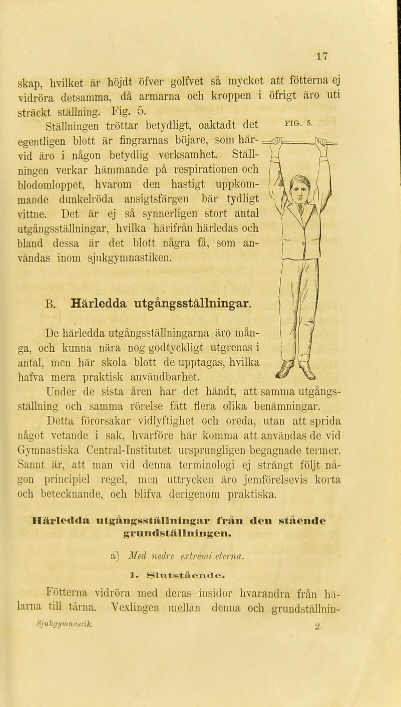 skap, hvilket är höjdt öfver golfvet så mycket att fötterna ej vidröra detsamma, då armarna och kroppen i öfrigt äro uti sträckt ställning. Fig. 5. Ställningen tröttar betydligt, oaktadt det egentligen blott är fingrarnas böjare, som här- vid äro i någon betydlig verksamhet. Ställ- ningen verkar hämmande på respirationen och blodomloppet, hvarom den hastigt uppkom- mande dunkelröda ansigtsfärgen bär tydligt vittne. Det är ej så synnerligen stort antal utgångsställningar, hvilka härifrån härledas och bland dessa är det blott några få, som an- vändas inom sjukgymnastiken. B. Härledda utgångsställningar. De härledda utgångsställningarna äro mån- ga, och kunna nära nog godtyckligt utgrenas i antal, men här skola blott de upptagas, hvilka hafva mera praktisk användbarhet. Under de sista åren har det händt, att samma utgångs- ställning och samma rörelse fått flera olika benämningar. Detta förorsakar vidlyftighet och oreda, utan att sprida något vetande i sak, hvarföre här komma att användas de vid Gymnastiska Central-Institutet ursprungligen begagnade termer. Sannt är, att man vid denna terminologi ej strängt följt nå- gon principiel regel, men uttrycken äro jemförelsevis korta och betecknande, och blifva derigenom praktiska. Härledda ntgåiigsställniiigar från den stående griindställningeii. a) Med nedre extremt eterna. 1. Slvitståencle. Fötterna vidröra med deras insidor hvarandra från hä- larna till tårna. Vexlingen mellan denna och grundställnin- Sjuhgymnatlik. 2