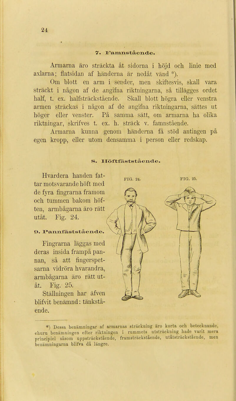 7. Famnstående. Armarna äro sträckta åt sidorna i höjd och linie med axlarna; flatsidan af händerna är nedåt vänd *). Om blott en arm i sender, men skiftesvis, skall vara sträckt i någon af de angifna riktningarna, så tillägges ordet half, t. ex. halfsträckstående. Skall blott högra eller venstra armen sträckas i någon af de angifna riktningarna, sättes ut höger eller venster. På samma sätt, om armarna ha olika riktningar, skrifves t. ex. h. sträck v. famnstående. Armarna kunna genom händerna få stöd antingen på egen kropp, eller utom densamma i person eller redskap. 8. Höftfästståencle. Hvardera handen fat- tar motsvarande höft med de fyra fingrarna framom och tummen bakom höf- ten, armbågarna äro rätt utåt. Fig. 24. 0. !E*annfäststå,encle. Fingrarna läggas med deras insida frampå pan- nan, så att fingerspet- sarna vidröra hvarandra, armbågarna äro rätt ut- åt. Fig. 25. Ställningen har äfven blifvit benämnd: tänkstå- ende. *) Dessa benämningar af armarnas sträckning äro korta och betecknande, ehuru benämningen efter riktningen i rummets utsträckning hade^ varit mera principiel såsom uppsträckstående, framsträckstäende, utåtsträckstående, men benämningarna blifva då längre.