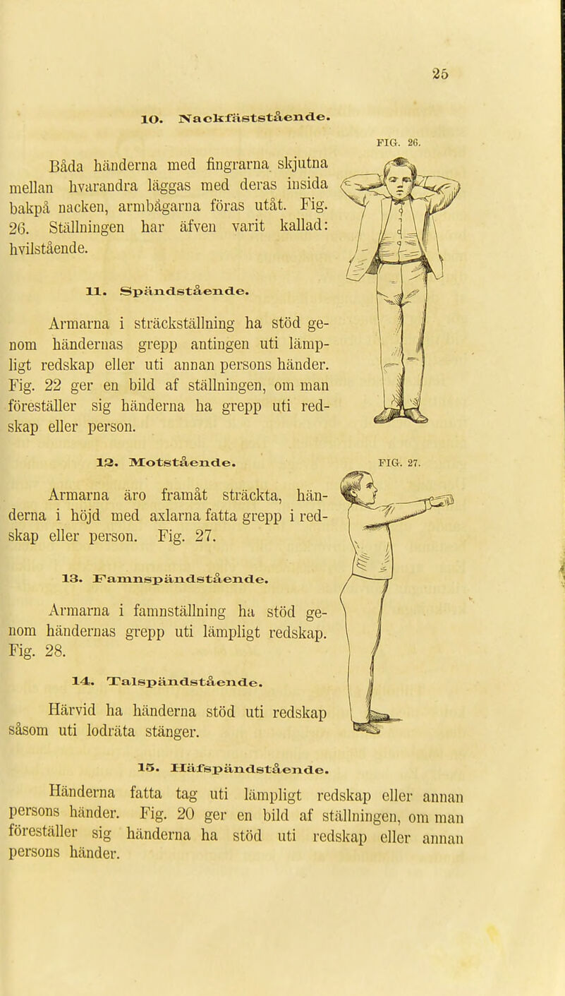 lO. IVacItfäststående. FIG. 26. Båda händerna med fingrarna skjutna mellan hvarandra läggas med deras insida bakpå nacken, armbågarna föras utåt. Fig. 26. Ställningen har äfven varit kallad: hvilstående. 11. Spändstående. Armarna i sträckställning ha stöd ge- nom händernas grepp antingen uti lämp- ligt redskap eller uti annan persons händer. Fig. 22 ger en bild af ställningen, om man föreställer sig händerna ha grepp uti red- skap eller person. 13. Motstående. FIG. 27. Armarna äro framåt sträckta, hän- derna i höjd med axlarna fatta grepp i red- skap eller person. Fig. 27. 2$ 13. ramnspändstående. Armarna i famnställning ha stöd ge- nom händernas grepp uti lämpligt redskap. Fig. 28. 14. Talspändstående. Härvid ha händerna stöd uti redskap såsom uti lodräta stänger. 15. Häfspändståerade. Händerna fatta tag uti lämpligt redskap eller annan persons händer. Fig. 20 ger en bild af ställningen, om man föreställer sig händerna ha stöd uti redskap eller annan persons händer.