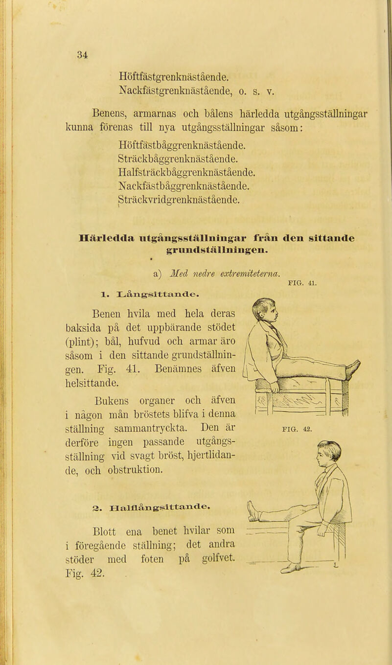 Höftfästgrenknästående. Nackfästgrenknästående, o. s. v. Benens, armarnas och bålens härledda utgångsställningar kunna förenas till nya utgångsställningar såsom: Höftfästbåggrenknästående. Sträckbåggrenknästående. Halfsträckbåggrenknästående. Nackfästbåggrenknästående. Sträckvridgrenknästående. Härledda ntgångsställningar från den sittande grnndställningen. a) Med nedre extremiteterna 1. ZLångsittaricle. Benen hvila med hela deras baksida på det uppbärande stödet (plint); bål, hufvud och armar äro såsom i den sittande grundställnin- gen. Fig. 41. Benämnes äfven helsittande. Bukens organer och äfven i någon mån bröstets blifva i denna derföre ingen passande utgångs- ställning vid svagt bröst, hjertlidan- de, och obstruktion. 3. H alflån gsittaxide. Blott ena benet hvilar som i föregående ställning; det andra stöder med foten på golfvet. Fig. 42. FIG. 41. 11