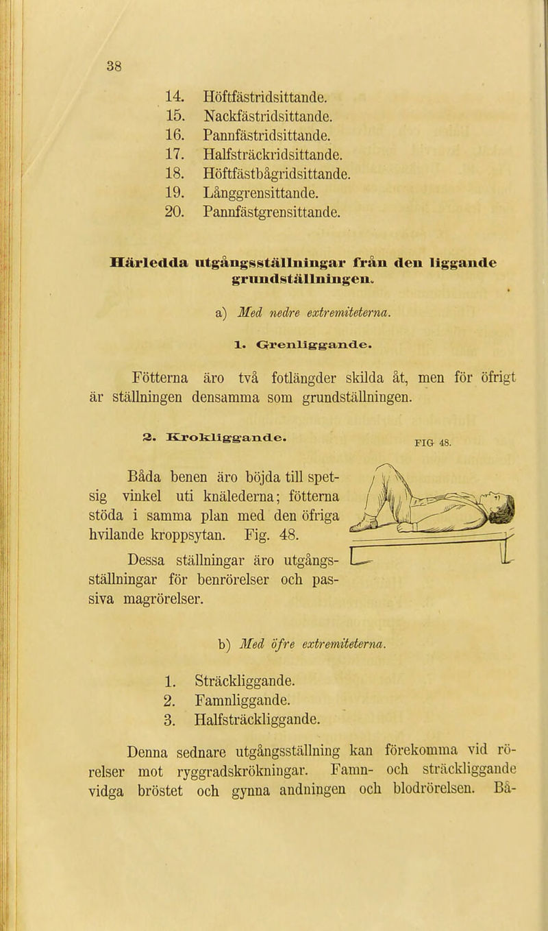 14. Höftfästridsittande. 15. Nackfästridsittande. 16. Pannfästridsittande. 17. Halfsträckridsittande. 18. Höftfästbågridsittande. 19. Långgrensittande. 20. Pannfästgrensittande. Härledda utgångsställningar från den liggande grundställningen. a) Med nedre extremitetema. 1. Grenliggande. Fötterna äro två fotlängder skilda åt, men för öfrigt är ställningen densamma som grundställningen. 3. BLrokllggande. FIG 48. Båda benen äro böjda till spet- sig vinkel uti knälederna; fötterna stöda i samma plan med den öfriga hvilande kroppsytan. Fig. 48. Dessa ställningar äro utgångs- ställningar för benrörelser och pas- siva magrörelser. b) Med öfre extremitetema. 1. Sträckliggande. 2. Famnliggande. 3. Halfsträckliggande. Denna sednare utgångsställning kan förekomma vid rö- relser mot ryggradskrökningar. Famn- och sträckliggande vidga bröstet och gynna andningen och blodrörelsen. Bå-