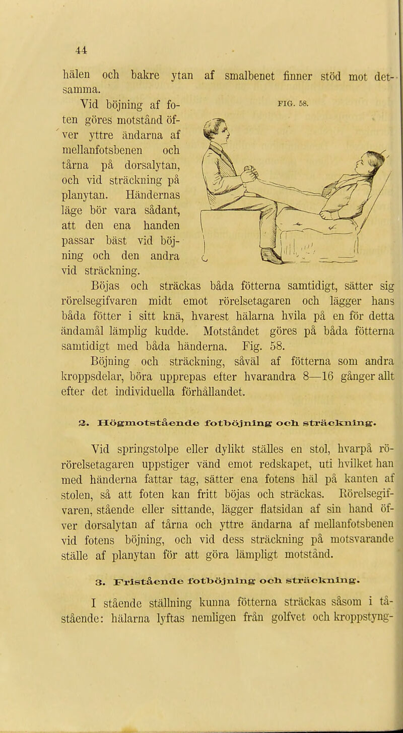 hälen och bakre ytan af smalbenet finner stöd mot det- samma. Vid böjning af fo- m. ten göres motstånd öf- ver yttre ändarna af mellanfotsbenen och tårna på dorsalytan, och vid sträckning på planytan. Händernas läge bör vara sådant, att den ena handen passar bäst vid böj- ning och den andra vid sträckning. Böjas och sträckas båda fötterna samtidigt, sätter sig rörelsegifvaren midt emot rörelsetagaren och lägger hans båda fötter i sitt knä, hvarest hälarna hvila på en för detta ändamål lämplig kudde. Motståndet göres på båda fötterna samtidigt med båda händerna. Fig. 58. Böjning och sträckning, såväl af fötterna som andra kroppsdelar, böra upprepas efter hvarandra 8—16 gånger allt efter det individuella förhållandet. 3. Högmotstående fotlsöjnlng ocn sträckning. Vid springstolpe eller dylikt ställes en stol, hvarpå rö- rörelsetagaren uppstiger vänd emot redskapet, uti hvilket han med händerna fattar tag, sätter ena fotens häl på kanten af stolen, så att foten kan fritt böjas och sträckas. Rörelsegif- varen, stående eller sittande, lägger flatsidan af sin hand öf- ver dorsalytan af tårna och yttre ändarna af mellanfotsbenen vid fotens böjning, och vid dess sträckning på motsvarande ställe af planytan för att göra lämpligt motstånd. 3. Fristående fotböjning och sträckning. I stående ställning kunna fötterna sträckas såsom i tå- stående: hälarna lyftas nemligen från golfvet och kroppstyng-