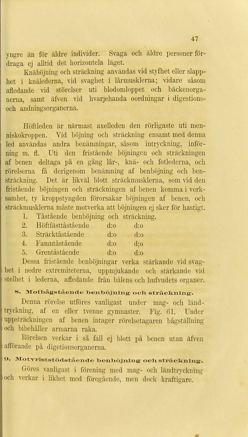 yngre än för äldre individer. Svaga och äldre personer för- draga ej alltid det horizontela läget. Knäböjning och sträckning användas vid styfhet eller slapp- het i knälederna, vid svaghet i lårmusklerna; vidare såsom afledande vid störelser uti blodomloppet och bäckenorga- nerna, samt äfven vid hvarjehanda oordningar i digestions- och andningsorgan erna. Höftleden är närmast axelleden den rörligaste uti men- niskokroppen. Vid böjning och sträckning ensamt med denna led användas andra benämningar, såsom intryckning, inför- ning m. fl. Uti den fristående böjningen och sträckningen af benen deltaga på en gång lår-, knä- och fotlederna, och rörelserna få derigenom benämning af benböjning och ben- sträckning. Det är likväl blott sträckmusklerna, som vid den fristående böjningen och sträckningen af benen komma i verk- samhet, ty kroppstyngden förorsakar böjningen af benen, och sträckmusklerna måste motverka att böjningen ej sker för hastigt. 1. Tåstående benböjning och sträckning. 2. Höftfästtåstående d:o d:o 3. Sträcktåstående d:o . d:o 4. Famntåstående d:o d;o 5. Grentåstående d:o d:o Dessa fristående benböjningar verka stärkande vid svag- het i nedre extremiteterna, uppmjukande och stärkande vid stelhet i lederna, afledande från bålens och hufvuclets organer. 8. MotDägståencle benböjning oen sträckning. Denna rörelse utföres vanligast under mag- och länd-, tryckning, af en eller tvenue gymnaster. Fig. 61. Under uppsträckningen af benen intager rörelsetagaren bågställning och bibehåller armarna raka. Rörelsen verkar i så fall ej blott på benen utan äfven afförande på digetionsorganerna. 9. Motvrlststöclståencle benböjning ocn sträckning. Göres vanligast i förening med mag- och ländtryckning •och verkar i likhet med föregående, men dock kraftigare.