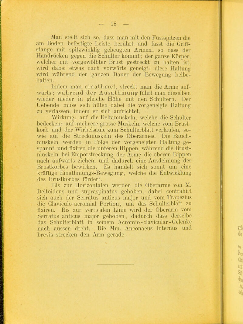 Man stellt sich so, dass man mit den Fussspitzen die am Boden befestigte Leiste berührt und fasst die Griff- stange mit spitzwinklig gebeugten Armen, so dass der Handrücken gegen die Schulter kommt; der ganze Körper, welcher mit vorgewölbter Brust gestreckt zu halten ist, wird dabei etwas nach vorwärts geneigt; diese Haltung wird während der ganzen Dauer der Bewegung beibe- halten. Indem man einathmet, streckt man die Arme auf- wärts; während der Ausathmung führt man dieselben wieder nieder in gleiche Höhe mit den Schultern. Der Uebende muss sich hüten dabei die vorgeneigte Haltung zu verlassen, indem er sich aufrichtet. Wirkung: auf die Deltamuskeln, welche die Schulter bedecken; auf mehrere grosse Muskeln, welche vom Brust- korb und der Wirbelsäule zum Schulterblatt verlaufen, so- wie auf die Streckmuskeln des Oberarmes. Die Bauch- muskeln werden in Folge der vorgeneigten Haltung ge- spannt und fixiren die unteren Rippen, während die Brust- muskeln bei Emporstreckung der Arme die oberen Rippen nach aufwärts ziehen, und dadurch eine Ausdehnung des Brustkorbes bewirken. Es handelt sich somit um eine kräftige Einathmungs-Bewegung, welche die Entwicklung des Brustkorbes fördert. Bis zur Horizontalen werden die Oberarme von M. Deltoideus und supraspinatus gehoben, dabei contrahirt sich auch der Serratus anticus major und vom Trapezius die Claviculo-acromial Portion, um das Schulterblatt zu fixiren. Bis zur verticalen Linie wird der Oberarm vom Serratus anticus major gehoben, dadurch dass derselbe das Schulterblatt in seinem Acromio-clavicular-Gelenke nach aussen dreht. Die Mm. Anconaeus internus und brevis strecken den Arm gerade.