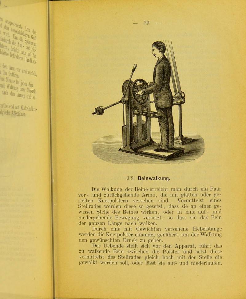 J 3. Beinwalkung. Die Walkung der Beine erreiclit man durch ein Paar vor- und zurückgehende Arme, die mit glatten oder ge- rieften Knetpolstern versehen sind. Vermittelst eines Stellrades werden diese so gesetzt, dass sie an einer ge- wissen Stelle des Beines wirken, oder in eine auf- und niedergehende Bewegung versetzt, so dass sie das Bein der ganzen Länge nach walken. Durch eine mit Gewichten versehene Hebelstange werden die Knetpolster einander genähert, um der Walkung den gewünschten Druck zu geben. Der Uebende stellt sich vor den Apparat, führt das zu walkende Bein zwischen die Polster und setzt diese vermittelst des Stellrades gleich hoch mit der Stelle die gewalkt werden soll, oder lässt sie auf- und niederlaufen.
