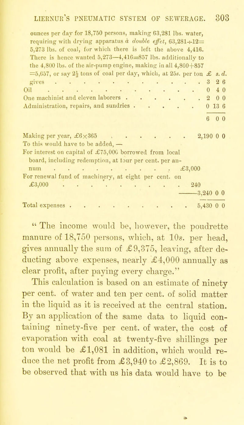 ounces per day for 18,750 persons, making 03,281 lbs. water, requiring with drying apparatus a double effet, 03,281-5-12= 5,273 lbs. of coal, for which there is left the above 4,416. There is hence wanted 5,273—4,410=857 lbs. additionally to the 4,800 lbs. of the air-pump engine, making in all 4,800+857 =5,057, or say 2i tons of coal per day, which, at 25s. per ton £ s. d. gives 326 Oil 0 4 0 One machinist and eleven laborers 2 0 0 Administration, repairs, and sundries 0 13 6 6 0 0 Making per .year, £6x365 2,190 0 0 To this would have to be added, — For interest on capital of £75,000 borrowed from local board, including redemption, at lour per cent, per an- num £3,000 For renewal fund of machinery, at eight per cent, on £3,000 '. 240 3,240 0 0 Total expenses 5,430 0 0  The income would be, however, the poudrette manure of 18,750 persons, which, at 10s. per head, gives annually the sum of <£ 9,375, leaving, after de- ducting above expenses, nearly £4,000 annually as clear profit, after paying every charge. This calculation is based on an estimate of ninety per cent, of water and ten per cent, of solid matter in the liquid as it is received at the central station. By an application of the same data to liquid con- taining ninety-five per cent, of water, the cost of evaporation with coal at twenty-five shillings per ton would be £1,081 in addition, which would re- duce the net profit from £3,940 to £2,869. It is to be observed that with us his data would have to be