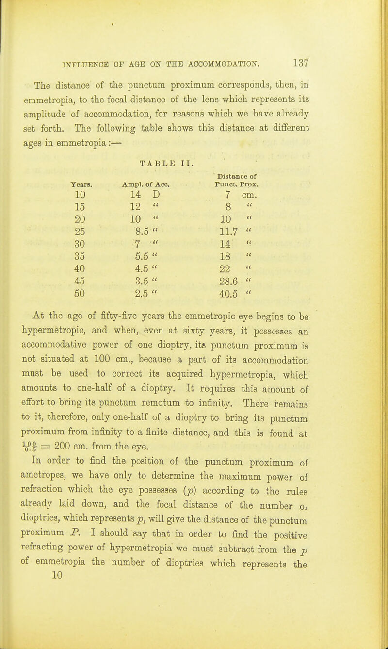 The distance of the punctuni proximum corresponds, then, in erametropici, to the focal distance of the lens which represents its amplitude of accommodation, for reasons which we have already- set forth. The following table shows this distance at different ages in emmetropia:— TABLE II. Distance of Years. Ampl. of Acc. Punct. Prox. 10 14 D 7 cm. 15 12  8  20 10  10  25 8.5  11.7  30 14  35 5.5  18  40 4.5  22  45 3.5  28.6  50 2.5  40.5  At the age of fifty-five years the emmetropic eye begins to be hypermetropic, and when, even at sixty years, it possesses an accommodative power of one dioptry, its punctum proximum is not situated at 100 cm., because a part of its accommodation must be used to correct its acquired hypermetropia, which amounts to one-half of a dioptry. It requires this amount of effort to bring its punctum remotum to infinity. There remains to it, therefore, only one-half of a dioptry to bring its punctum proximum from infinity to a finite distance, and this is found at V!f = 200 cm. from the eye. In order to find the position of the punctum proximum of ametropes, we have only to determine the maximum power of refraction which the eye possesses (jo) according to the rules already laid down, and the focal distance of the number Oi dioptries, which represents p, will give the distance of the punctum proximum P. I should say that in order to find the positive refracting power of hypermetropia we must subtract from the p of emmetropia the number of dioptries which represents the 10