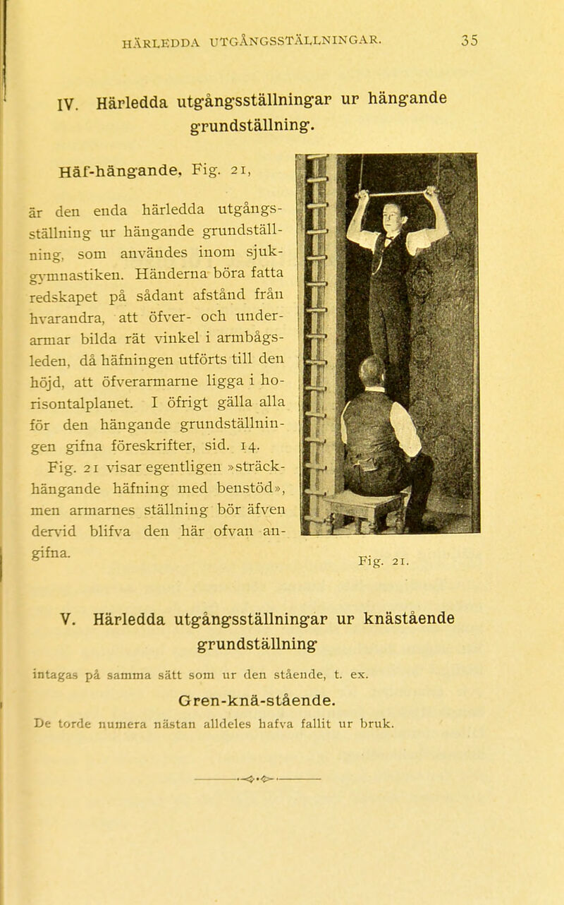 IV. Härledda utgångsställningar ur hängande grundställning. Häf-hängande, Fig. 21, är den enda härledda utgångs- ställning ur hängande grundställ- ning, som användes inom sjuk- o-ymnastiken. Händerna böra fatta redskapet på sådant afstånd från hvarandra, att öfver- och under- armar bilda rät vinkel i armbags - leden, då häfningen utförts till den höjd, att öfverarmarne ligga i ho- risontalplanet. I öfrigt gälla alla för den hängande grundställnin- gen gifna föreskrifter, sid. 14. Fig. 21 visar egentligen »sträck- hängande häfning med benstöd», men armarnes ställning bör äfven dervid blifva den här ofvan an- gifna. J Fig. 21. V. Härledda utgångsställningar ur knästående grundställning intagas på samma sätt som ur den stående, t. ex. Gren-knä-stående. De torde numera nästan alldeles hafva fallit ur bruk.