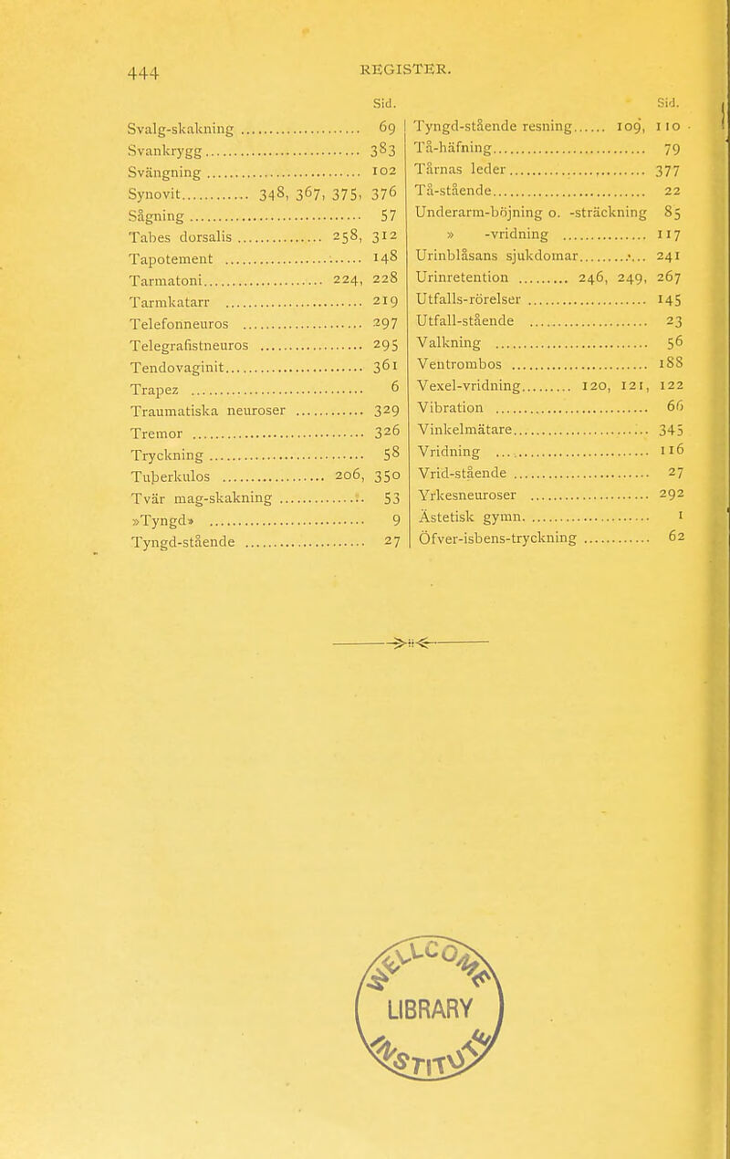 Sid. Svalg-skakning 69 Svankrygg 383 Svängning 102 Synovit 348, 367, 375, 376 Sågning 57 Tabes dorsalis 258, 312 Tapotement ; 148 Tarmatoni 224, 228 Tarmkatarr 219 Telefonneuros 297 Telegrafistneuros 295 Tendovaginit 361 Trapez 6 Traumatiska neuroser 329 Tremor 326 Tryckning 58 Tuberkulos 206, 350 Tvär mag-skakning 53 »Tyngd» 9 Tyngd-stående 27 Sid. Tyngd-stående resning 109, 1 10 ■ Tå-häfning 79 Tårnas leder 377 Tå-stående 22 Underarm-böjning o. -sträckning 85 » -vridning 117 Urinblåsans sjukdomar 241 Urinretention 246, 249, 267 Utfalls-rörelser 145 Utfall-stående 23 Valkning 56 Ventrombos 1 SS Vexel-vridning 120, 121, 122 Vibration 66 Vinkelmätare 345 Vridning 116 Vrid-stående 27 Yrkesneuroser 292 Ästetisk gymn 1 Öfver-isbens-tryckning 62