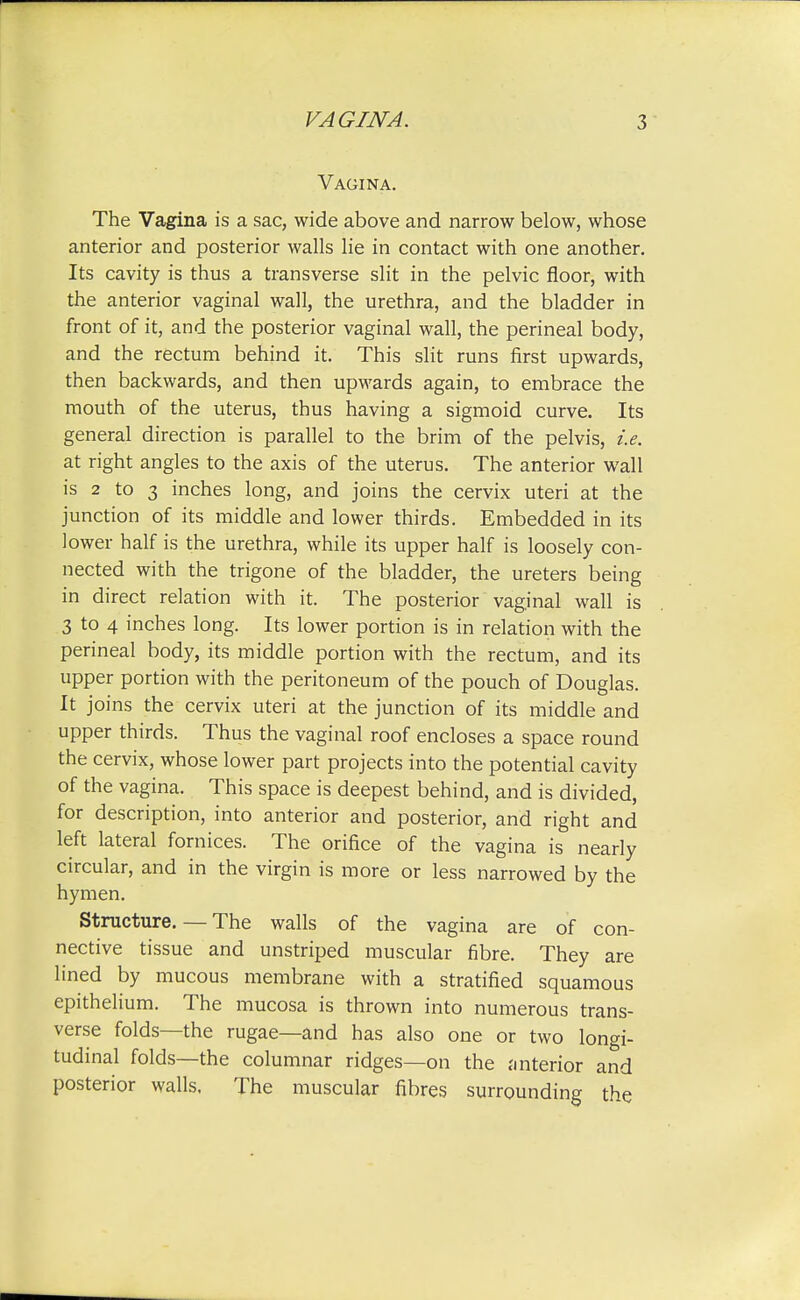 Vagina. The Vagina is a sac, wide above and narrow below, whose anterior and posterior walls lie in contact with one another. Its cavity is thus a transverse slit in the pelvic floor, with the anterior vaginal wall, the urethra, and the bladder in front of it, and the posterior vaginal wall, the perineal body, and the rectum behind it. This slit runs first upwards, then backwards, and then upwards again, to embrace the mouth of the uterus, thus having a sigmoid curve. Its general direction is parallel to the brim of the pelvis, i.e. at right angles to the axis of the uterus. The anterior wall is 2 to 3 inches long, and joins the cervix uteri at the junction of its middle and lower thirds. Embedded in its lower half is the urethra, while its upper half is loosely con- nected with the trigone of the bladder, the ureters being in direct relation with it. The posterior vaginal wall is 3 to 4 inches long. Its lower portion is in relation with the perineal body, its middle portion with the rectum, and its upper portion with the peritoneum of the pouch of Douglas. It joins the cervix uteri at the junction of its middle and upper thirds. Thus the vaginal roof encloses a space round the cervix, whose lower part projects into the potential cavity of the vagina. This space is deepest behind, and is divided, for description, into anterior and posterior, and right and left lateral fornices. The orifice of the vagina is nearly circular, and in the virgin is more or less narrowed by the hymen. Structure. — The walls of the vagina are of con- nective tissue and unstriped muscular fibre. They are lined by mucous membrane with a stratified squamous epithelium. The mucosa is thrown into numerous trans- verse folds—the rugae—and has also one or two longi- tudinal folds—the columnar ridges—on the anterior and posterior walls. The muscular fibres surrounding the