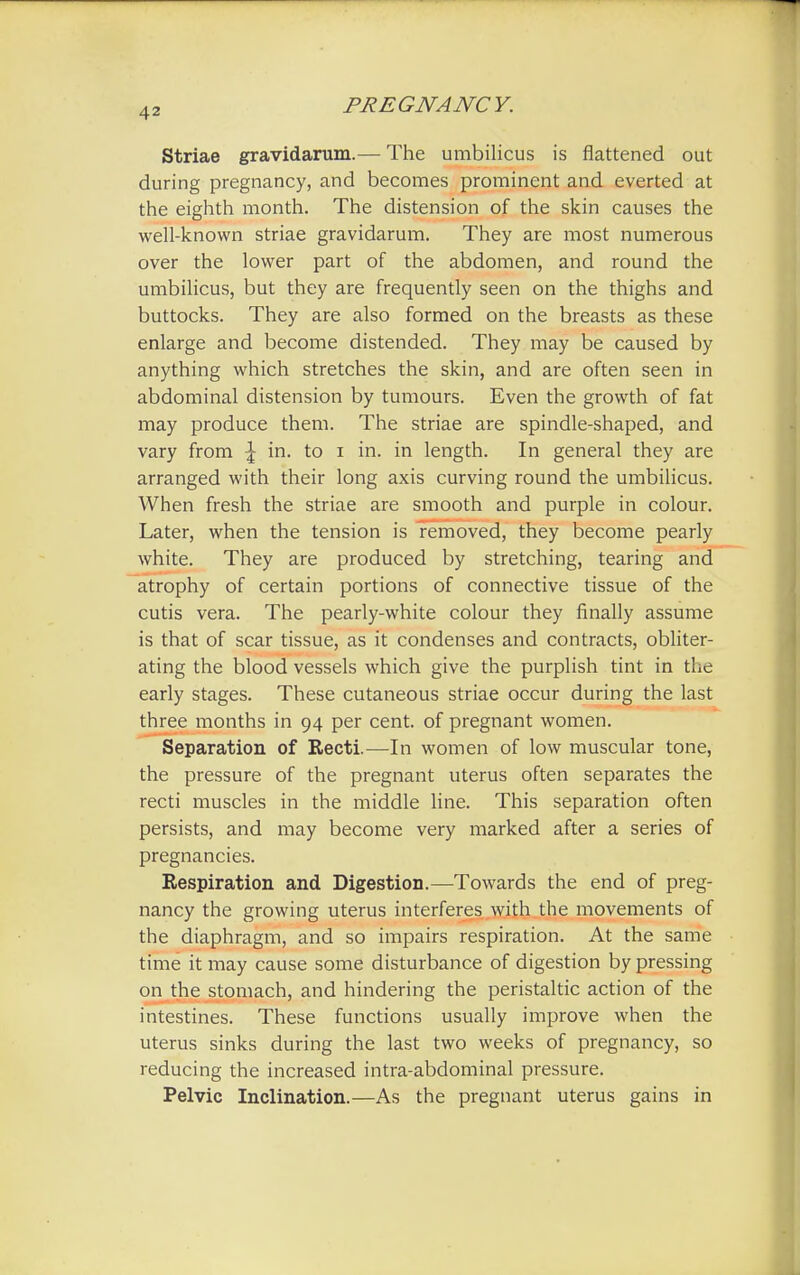 Striae gravidarum.— The umbilicus is flattened out during pregnancy, and becomes prominent and everted at the eighth month. The distension of the skin causes the well-known striae gravidarum. They are most numerous over the lower part of the abdomen, and round the umbilicus, but they are frequently seen on the thighs and buttocks. They are also formed on the breasts as these enlarge and become distended. They may be caused by anything which stretches the skin, and are often seen in abdominal distension by tumours. Even the growth of fat may produce them. The striae are spindle-shaped, and vary from \ in. to i in. in length. In general they are arranged with their long axis curving round the umbilicus. When fresh the striae are smooth and purple in colour. Later, when the tension is removed, they become pearly white. They are produced by stretching, tearing and atrophy of certain portions of connective tissue of the cutis vera. The pearly-white colour they finally assume is that of scar tissue, as it condenses and contracts, obliter- ating the blood vessels which give the purplish tint in the early stages. These cutaneous striae occur during the last three months in 94 per cent, of pregnant women. Separation of Recti.—In women of low muscular tone, the pressure of the pregnant uterus often separates the recti muscles in the middle line. This separation often persists, and may become very marked after a series of pregnancies. Respiration and Digestion.—Towards the end of preg- nancy the growing uterus interferes with the movements of the diaphragm, and so impairs respiration. At the same time it may cause some disturbance of digestion by pressing on the stomach, and hindering the peristaltic action of the intestines. These functions usually improve when the uterus sinks during the last two weeks of pregnancy, so reducing the increased intra-abdominal pressure. Pelvic Inclination.—As the pregnant uterus gains in
