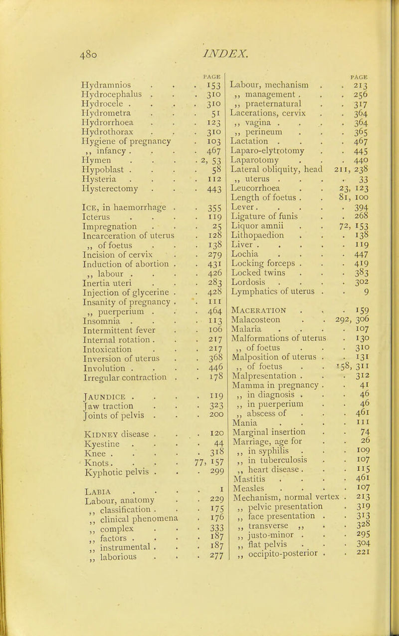 Hydramnios Hydrocephalus . Hydrocele . Hydrometra Hydrorrhoea Hydrothorax Hygiene of pregnancy infancy . Hymen Hypoblast . Hysteria Hysterectomy Ice, in haemorrhage Icterus Impregnation Incarceration of uterus ,, of foetus Incision of cervix Induction of abortion labour . Inertia uteri Injection of glycerine Insanity of pregnancy ,, puerperium . Insomnia . Intermittent fever Internal rotation . Intoxication Inversion of uterus Involution . Irregular contraction Jaundice . Jaw traction Joints of pelvis . Kidney disease . Kyesline Knee . Knots. Kyphotic pelvis . Labia Labour, anatomy ,, classification . ,, clinical phenomena ,, complex ,, factors . ,, instrumental . ,, laborious I'AGE 153 3IO 3IO 51 123 3IO I03 467 2, 53 58 112 443 355 119 25 128 138 279 43i 426 283 428 in 464 113 106 217 217 368 446 178 119 323 200 120 44 3i8 77. 157 299 229 175 176 333 187 187 277 Labour, mechanism management . ,, praeternatural Lacerations, cervix ,, vagina . ,, perineum Lactation . Laparo-elytrotomy Laparotomy Lateral obliquity, head ,, uterus . Leucorrhoea Length of foetus . Lever. Ligature of funis Liquor amnii Lithopaedion Liver . Lochia Locking forceps . Locked twins Lordosis Lymphatics of uterus Maceration Malacosteon Malaria Malformations of uterus ,, of foetus Malposition of uterus ,, of foetus Malpresentation . Mamma in pregnancy ,, in diagnosis . ,, in puerperium ,, abscess of Mania Marginal insertion Marriage, age for ,, in syphilis ,, in tuberculosis ,, heart disease. Mastitis Measles Mechanism, normal vertex ,, pelvic presentation ,, face presentation ,, transverse ,, ,, justo-minor . ,, flat pelvis ,, occipito-posterior