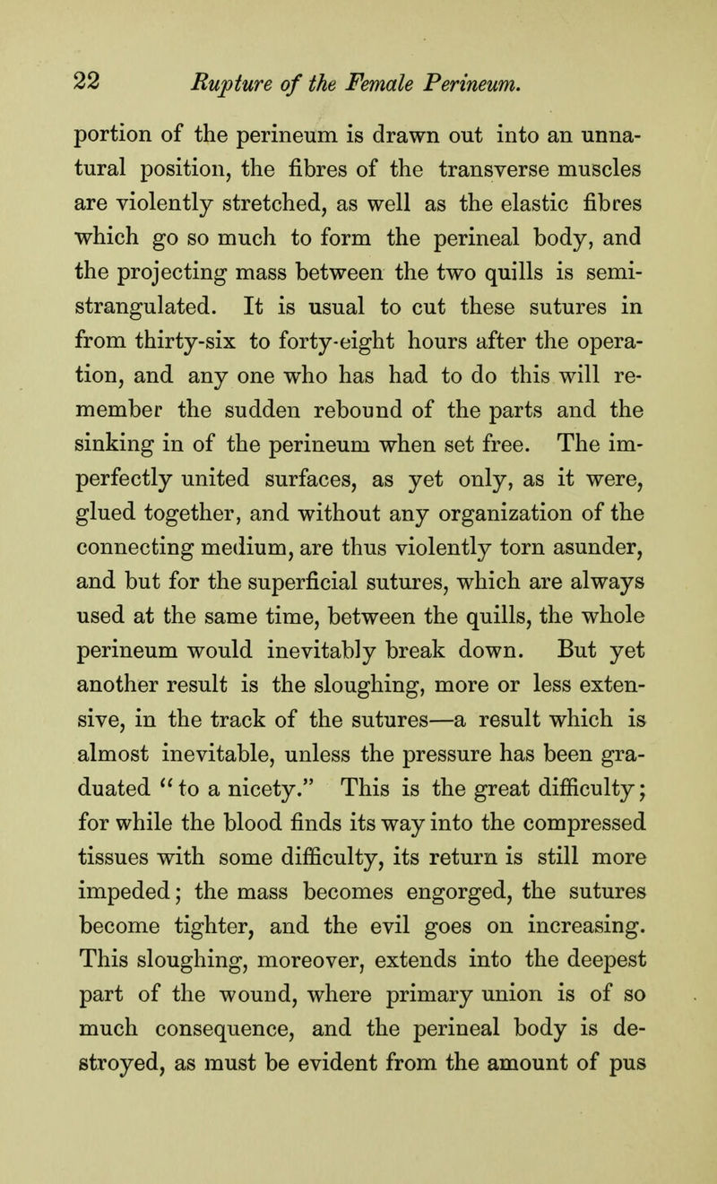 portion of the perineum is drawn out into an unna- tural position, the fibres of the transverse muscles are violently stretched, as well as the elastic fibres which go so much to form the perineal body, and the projecting mass between the two quills is semi- strangulated. It is usual to cut these sutures in from thirty-six to forty-eight hours after the opera- tion, and any one who has had to do this will re- member the sudden rebound of the parts and the sinking in of the perineum when set free. The im- perfectly united surfaces, as yet only, as it were, glued together, and without any organization of the connecting medium, are thus violently torn asunder, and but for the superficial sutures, which are always used at the same time, between the quills, the whole perineum would inevitably break down. But yet another result is the sloughing, more or less exten- sive, in the track of the sutures—a result which is almost inevitable, unless the pressure has been gra- duated to a nicety. This is the great difficulty; for while the blood finds its way into the compressed tissues with some difficulty, its return is still more impeded; the mass becomes engorged, the sutures become tighter, and the evil goes on increasing. This sloughing, moreover, extends into the deepest part of the wound, where primary union is of so much consequence, and the perineal body is de- stroyed, as must be evident from the amount of pus