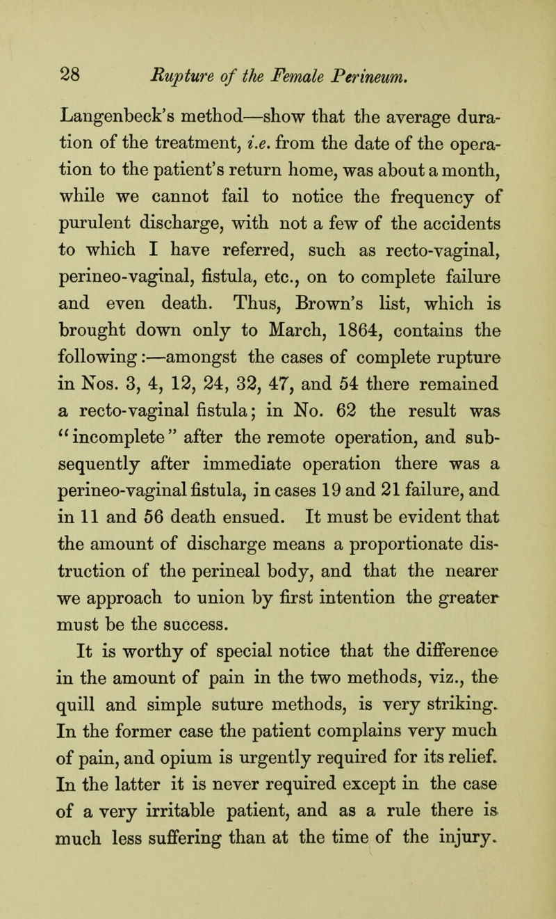 Langenbeck's method—show that the average dura- tion of the treatment, i.e. from the date of the opera- tion to the patient's return home, was about a month, while we cannot fail to notice the frequency of purulent discharge, with not a few of the accidents to which I have referred, such as recto-vaginal, perineo-vaginal, fistula, etc., on to complete failure and even death. Thus, Brown's list, which is brought down only to March, 1864, contains the following:—amongst the cases of complete rupture in Nos. 3, 4, 12, 24, 32, 47, and 54 there remained a recto-vaginal fistula; in No. 62 the result was incomplete after the remote operation, and sub- sequently after immediate operation there was a perineo-vaginal fistula, in cases 19 and 21 failure, and in 11 and 56 death ensued. It must be evident that the amount of discharge means a proportionate dis- truction of the perineal body, and that the nearer we approach to union by first intention the greater must be the success. It is worthy of special notice that the difference in the amount of pain in the two methods, viz., the quill and simple suture methods, is very striking. In the former case the patient complains very much of pain, and opium is urgently required for its relief. In the latter it is never required except in the case of a very irritable patient, and as a rule there is. much less suffering than at the time of the injury.