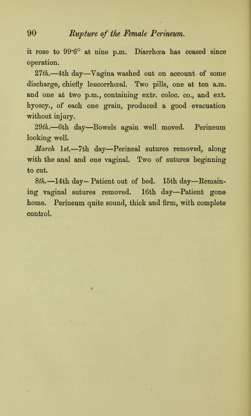 it rose to 99*6° at nine p.m. Diarrhoea has ceased since operation. 27th.—4th day—Yagina washed out on account of some discharge, chiefly leucorrhoeal. Two pills, one at ten a.m. and one at two p.m., containing extr. coloc. co., and ext. hyoscy., of each one grain, produced a good evacuation without injury. 29th.—6th day—Bowels again well moved. Perineum looking well. March 1st.—7th day—Perineal sutures removed, along with the anal and one vaginal. Two of sutures beginning to cut. 8th.—14th day— Patient out of bed. 15th day—Kemain- ing vaginal sutures removed. 16th day—Patient gone home. Perineum quite sound, thick and firm, with complete control.