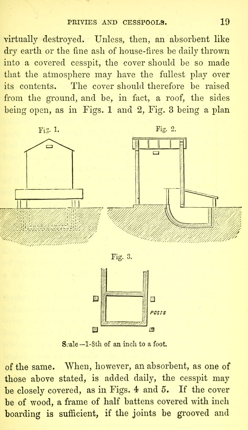 virtuallj^ destroj^ecl. Unless, then, an absorbent like dry earth or the fine ash of house-fires be daily thrown into a covered cesspit, the cover should be so made that the atmospliere maj^ have the fullest play over its contents. The cover should therefore be raised from the ground, and be, in fact, a roof, the sides being open, as in Figs. 1 and 2, Fig. 3 being a plan Fi^. 2. Fig. 3. m POSTS SL'ale—l-8tli of an incli to a foot. of the same. When, however, an absorbent, as one of those above stated, is added daily, the cesspit may be closely covered, as in Figs. 4 and 5. If the cover be of wood, a frame of half battens covered with inch boarding is sufficient, if the joints be gi^ooved and